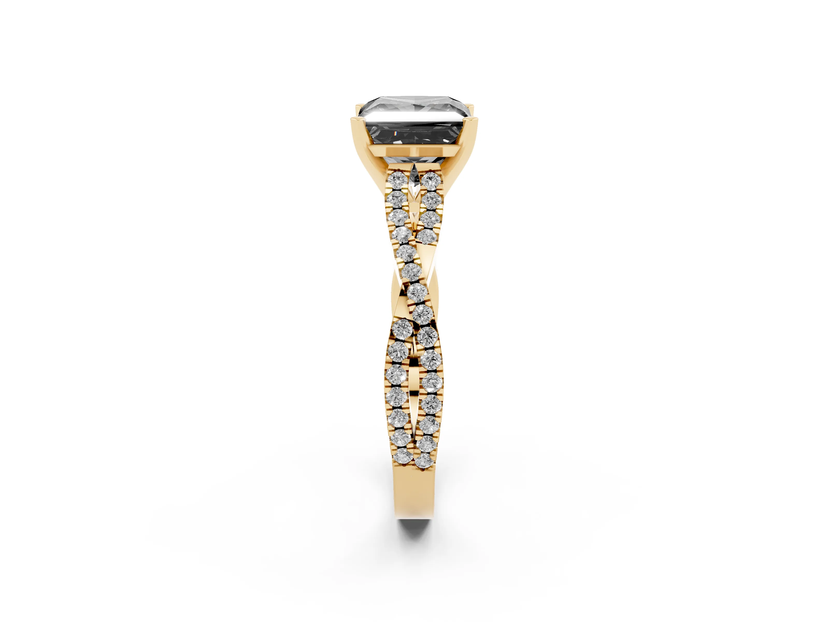 Fancy Black Princess Cut Diamond Solitaire Engagement Ring Set in Yellow gold with Twisted Pavé Band and Prong Setting