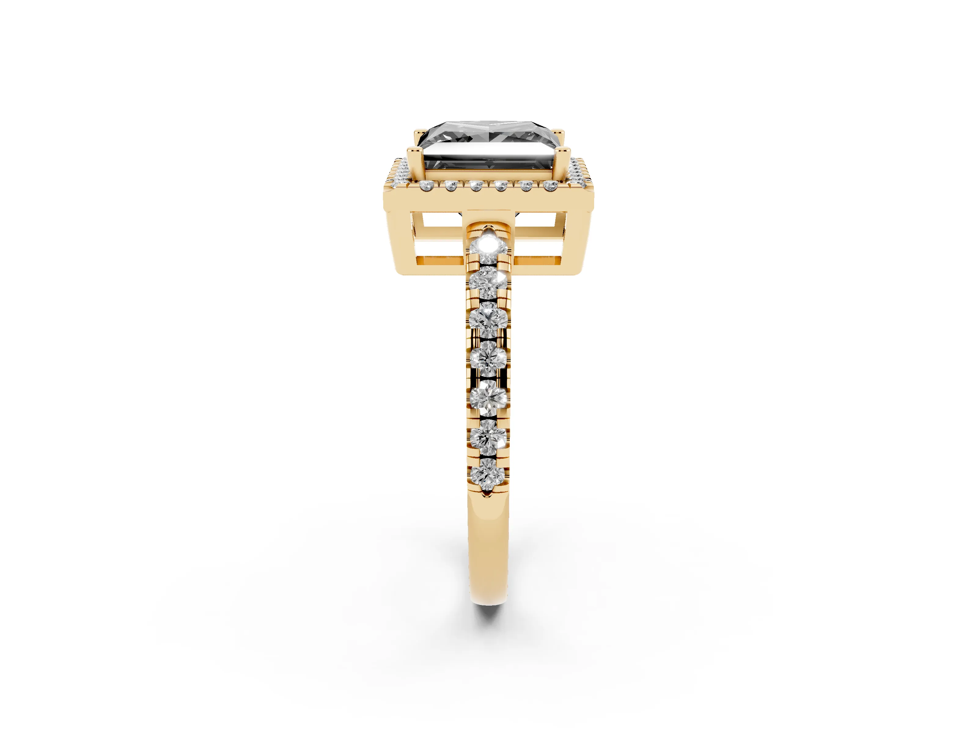 Fancy Black Princess Cut Diamond Halo Ring Set in Yellow gold with Delicate Pavé Band and Prong Setting