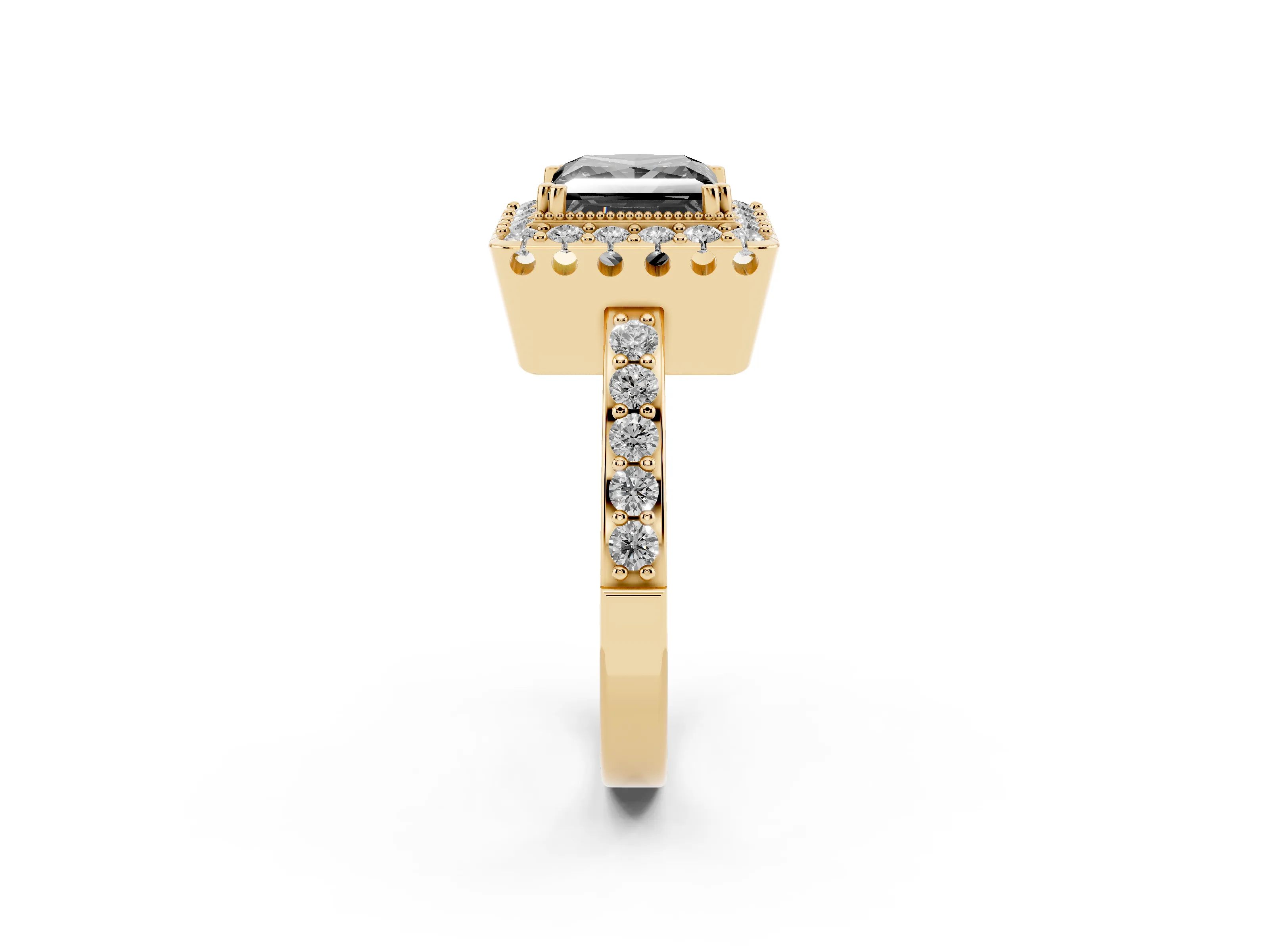Fancy Black Princess Cut Diamond Halo Ring Set in Yellow gold with Pavé Shank and Prong Setting