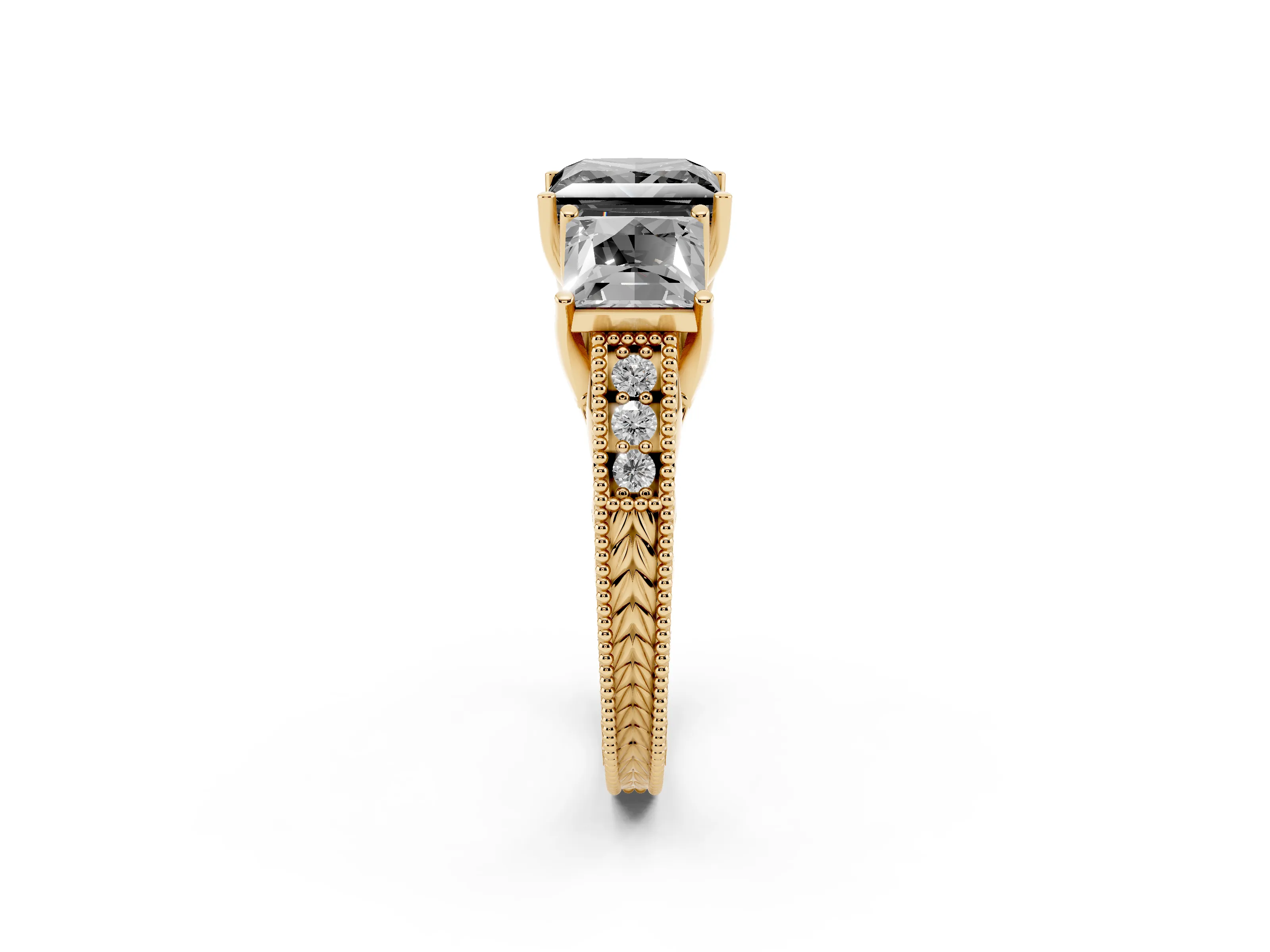 Fancy Black Princess Cut Diamond Three-Stone Engagement Ring Set in Yellow gold with Milgrain Pavé Band