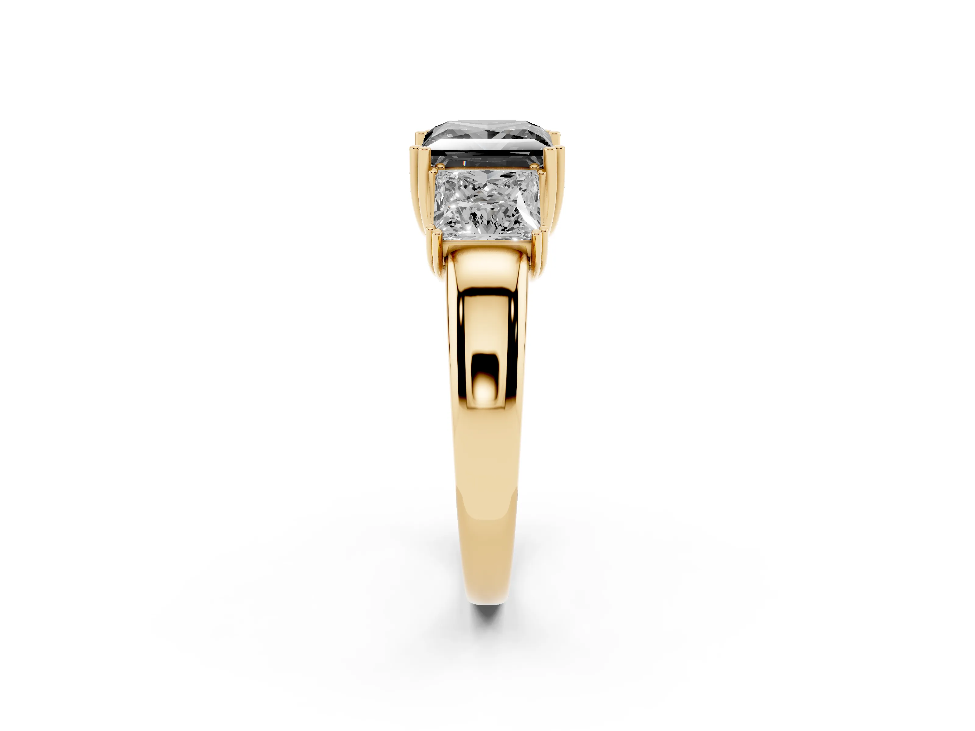 Fancy Black Princess Cut Diamond Three-Stone Ring Set in Yellow gold with Polished Channel-Set Band