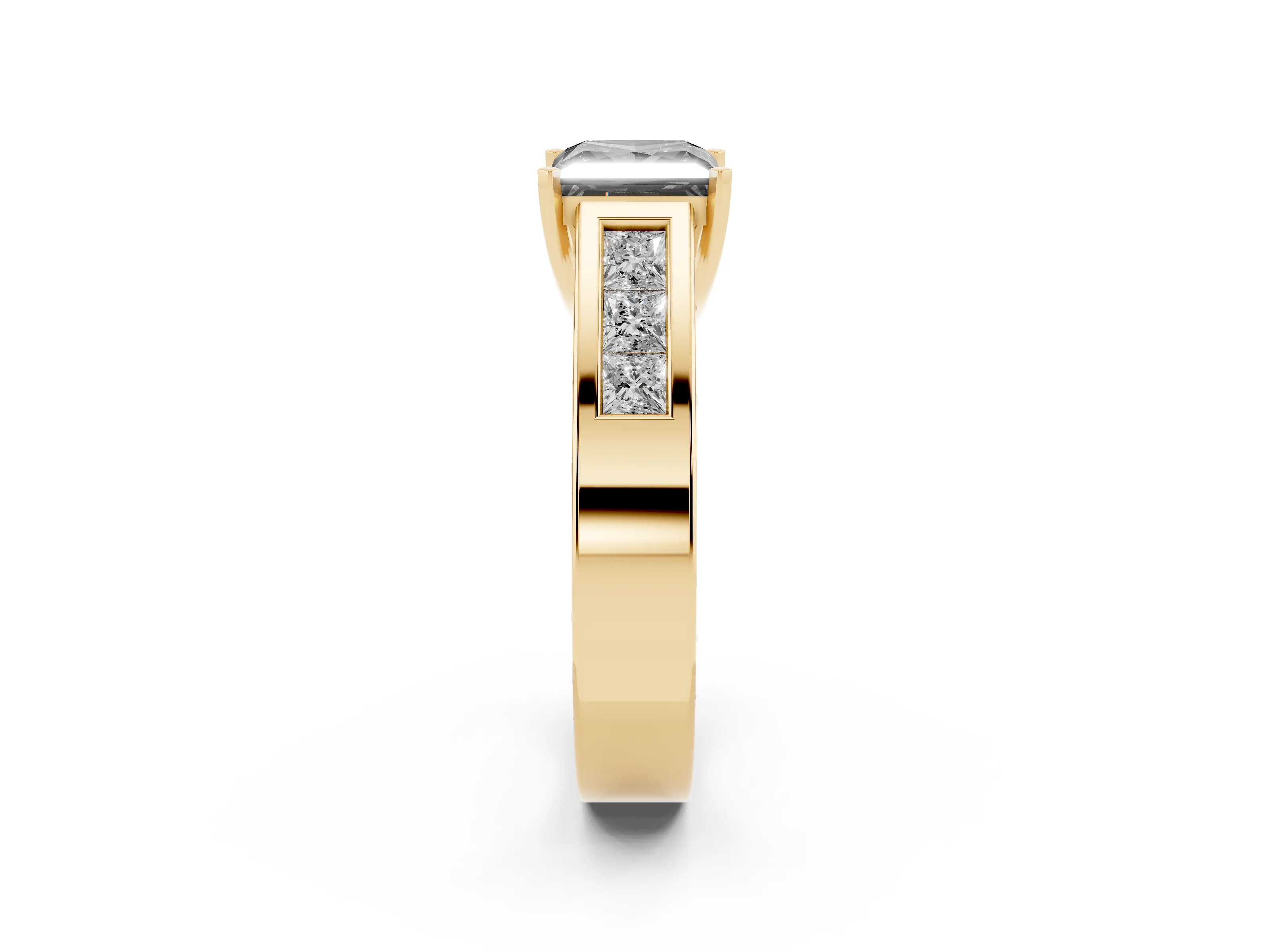 Fancy Black Princess Cut Diamond Solitaire Ring Set in Yellow gold with Channel-Set Accent Stones and Prong Setting