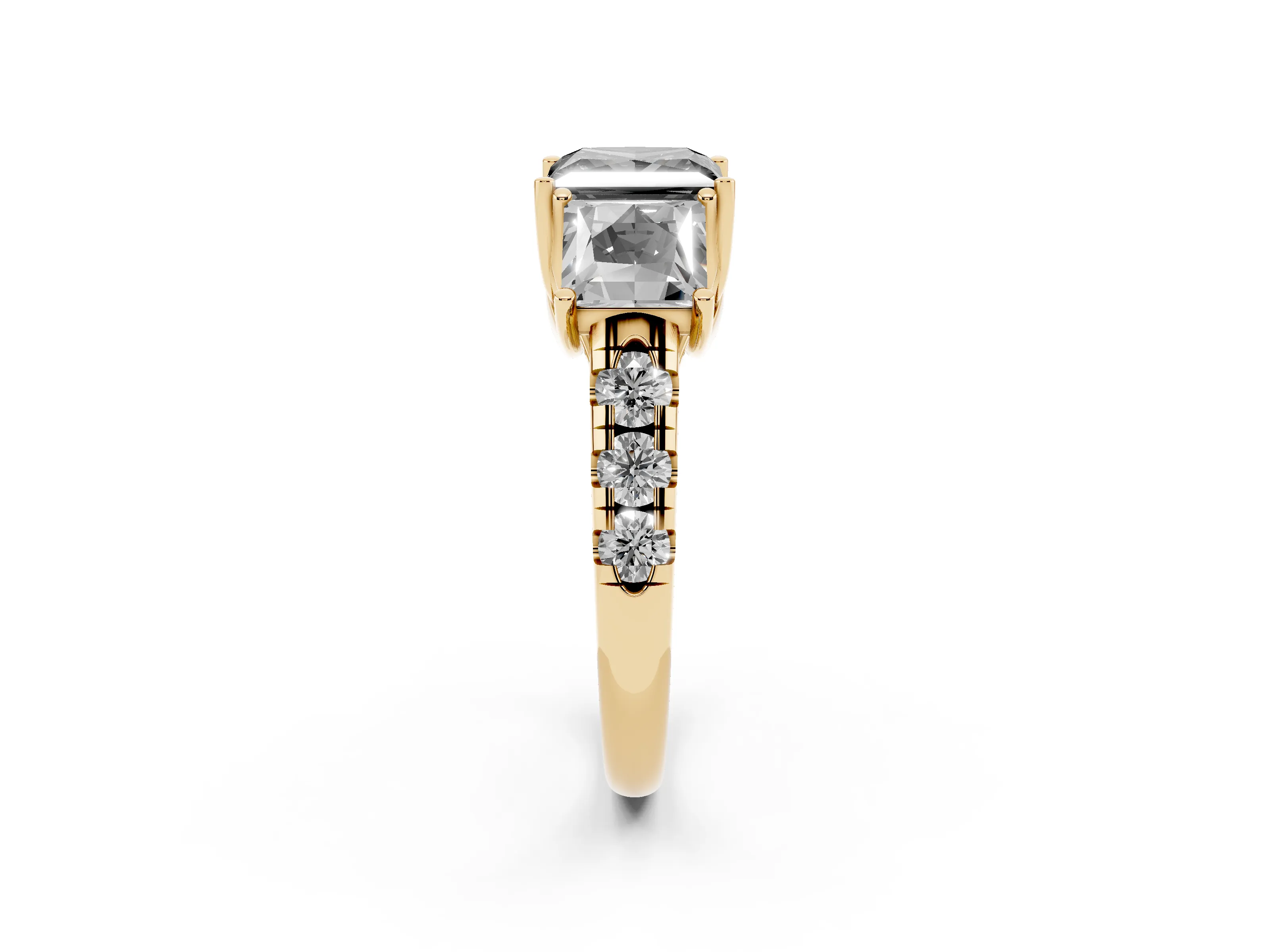 Fancy Black Princess Cut Diamond Three-Stone Ring Set in Yellow gold with Pavé Band