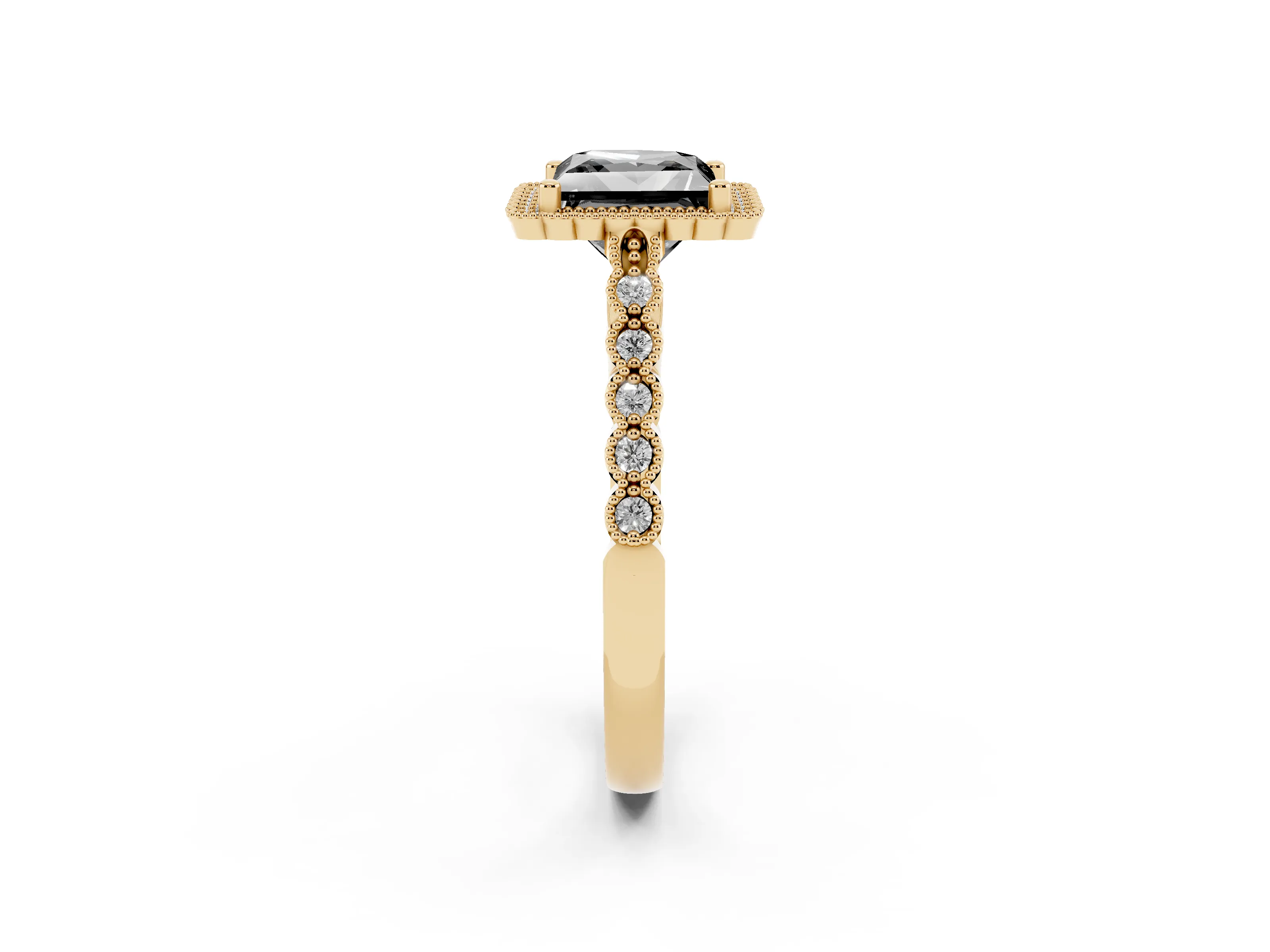 Fancy Black Princess Cut Diamond Halo Ring Set in Yellow gold with Pavé Milgrain Band