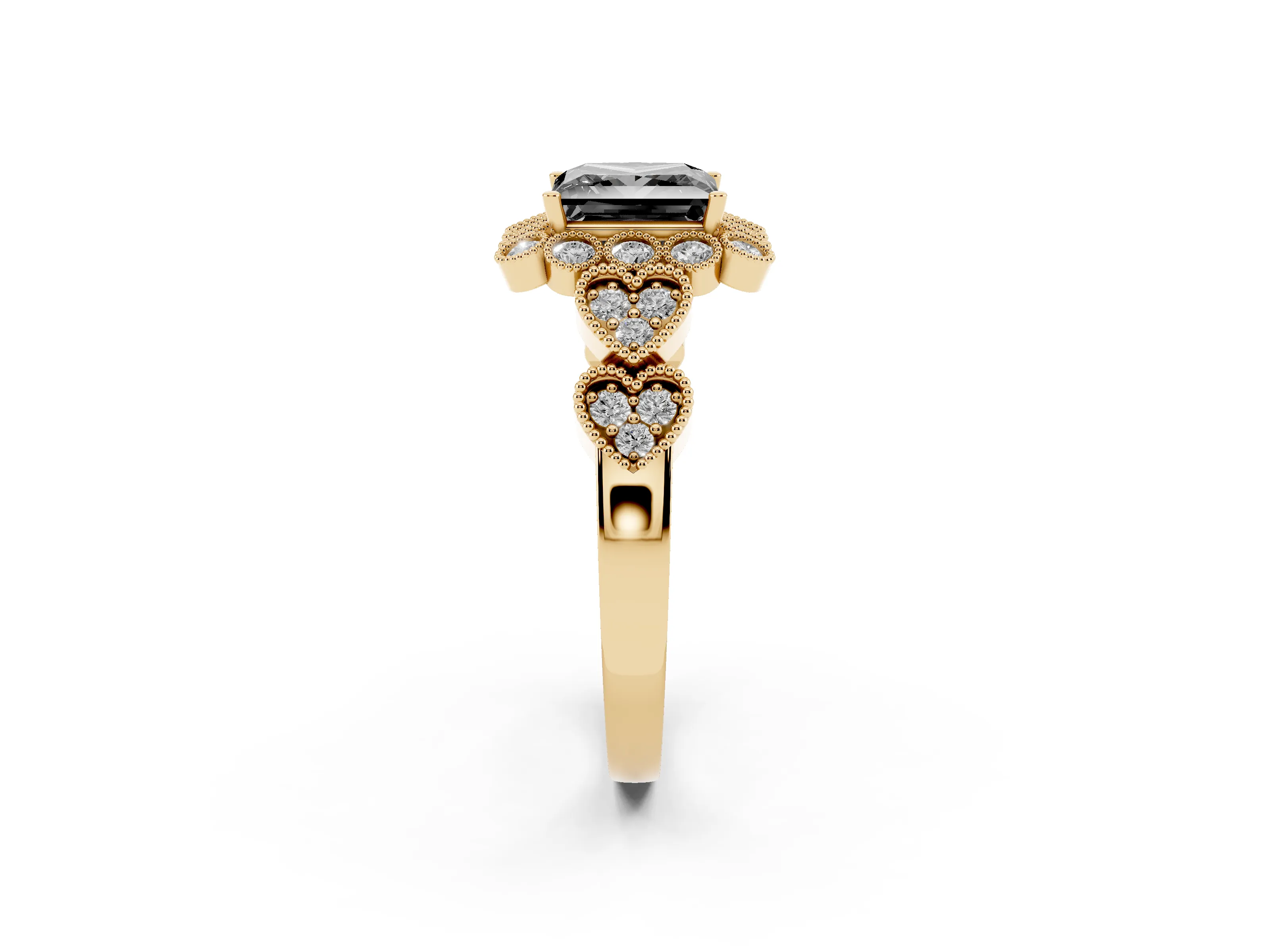 Fancy Black Princess Cut Diamond Solitaire Ring Set in Yellow gold with Milgrain Pavé Heart Band