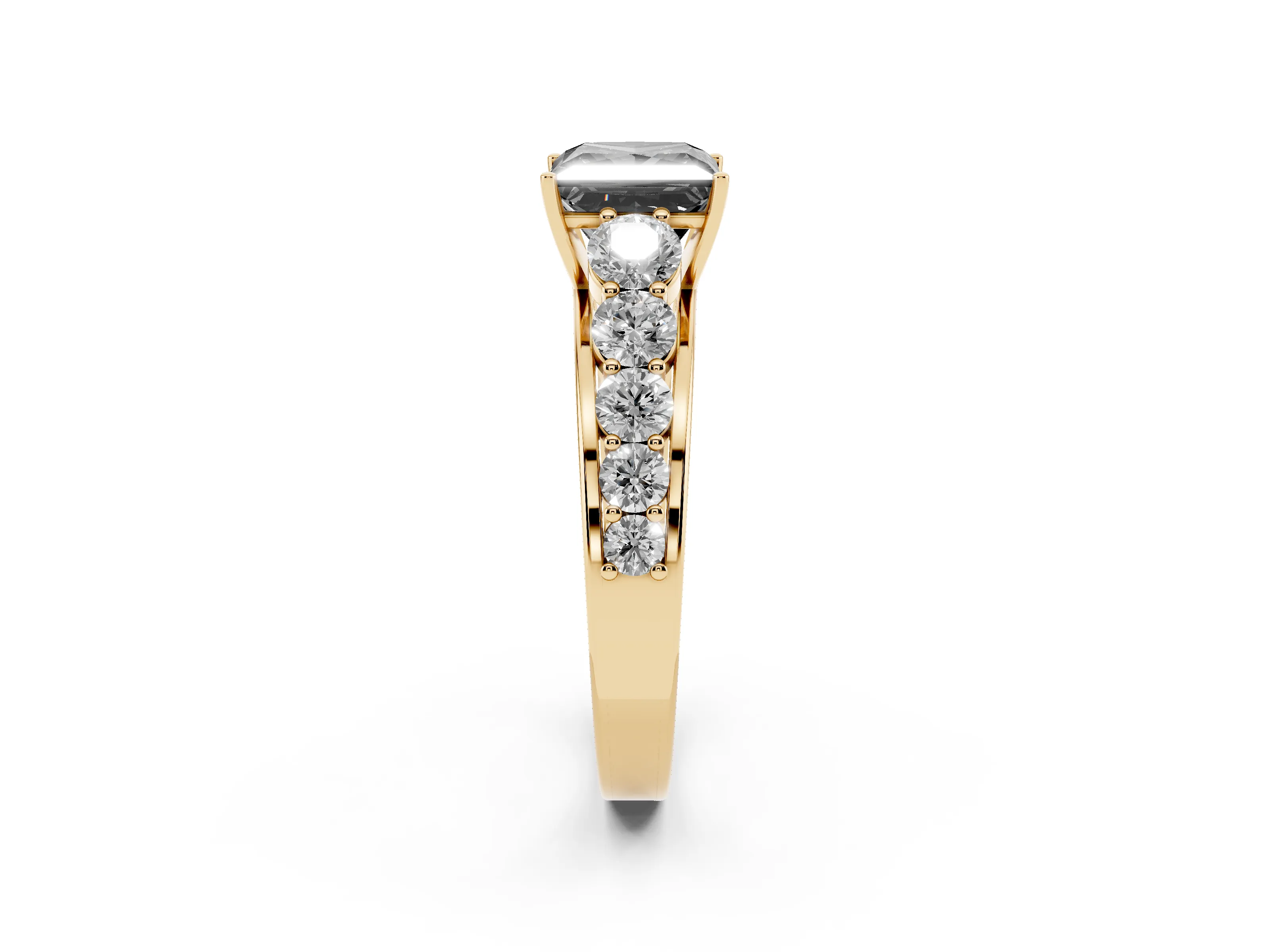 Fancy Black Princess Cut Diamond Solitaire Ring Set in Yellow gold with Pavé-Set Band and Prong Setting
