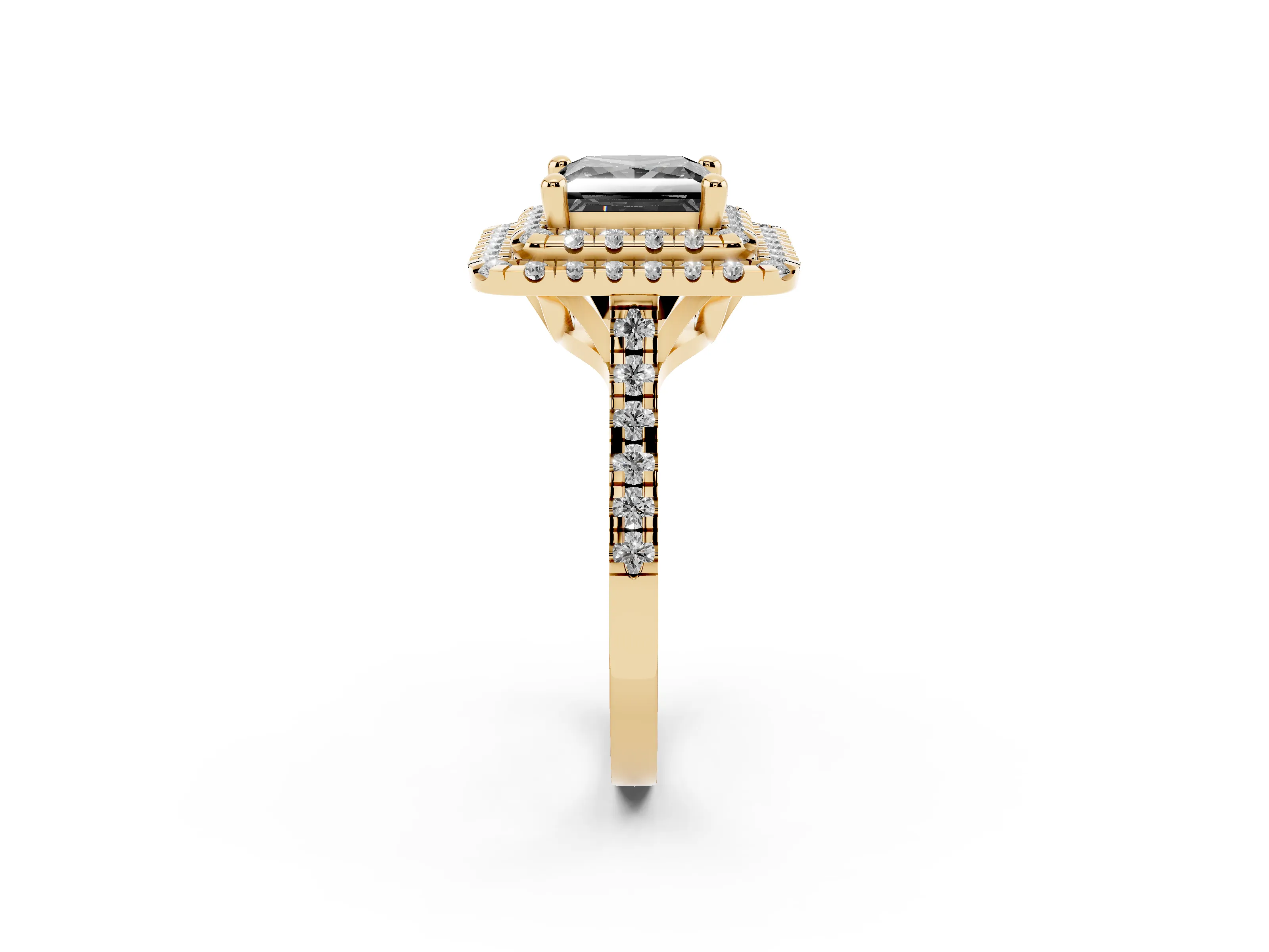 Fancy Black Princess Cut Diamond Double Halo Statement Ring Set in Yellow gold with Pavé Band