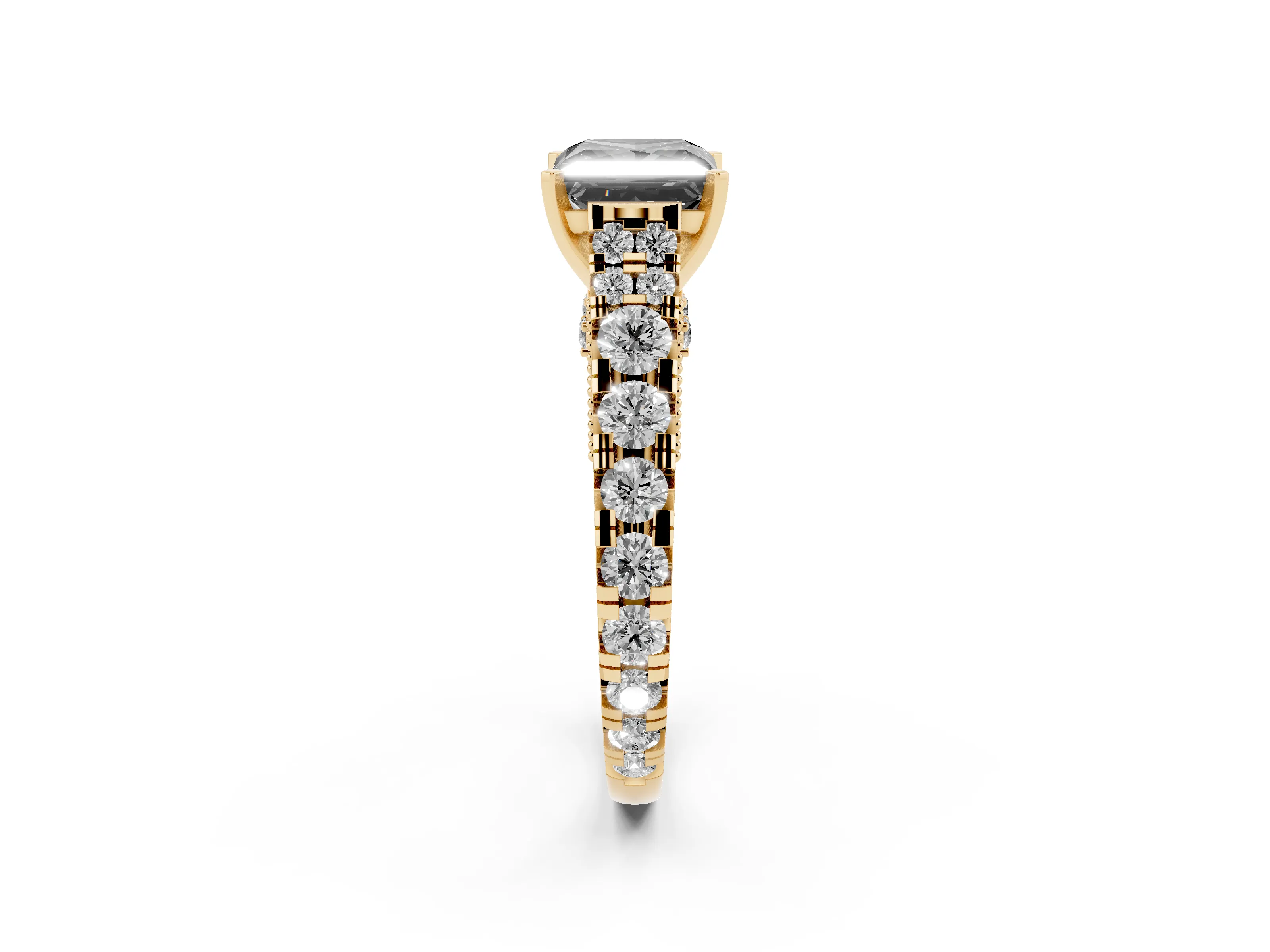 Fancy Black Princess Cut Diamond Classic Solitaire Ring Set in Yellow gold with Pavé Band and Prong Setting