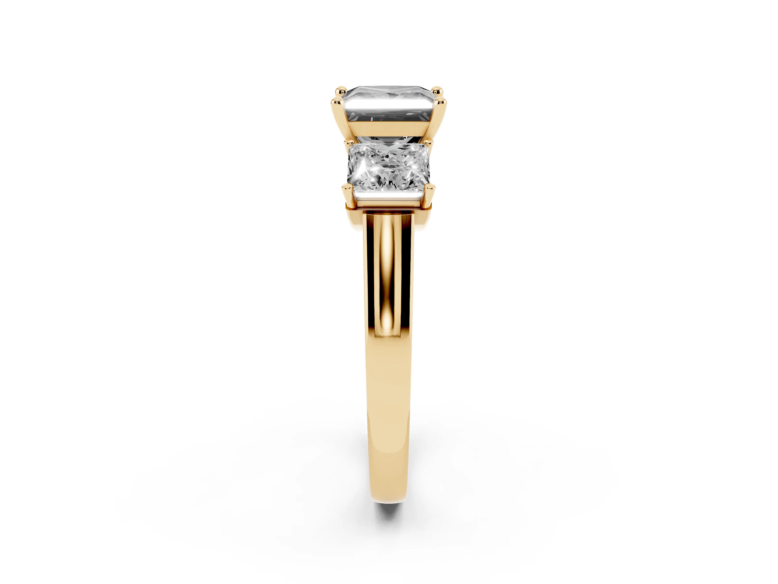 Fancy Black Princess Cut Diamond Three-Stone Trellis Ring Set in Yellow gold with Comfort Fit Band