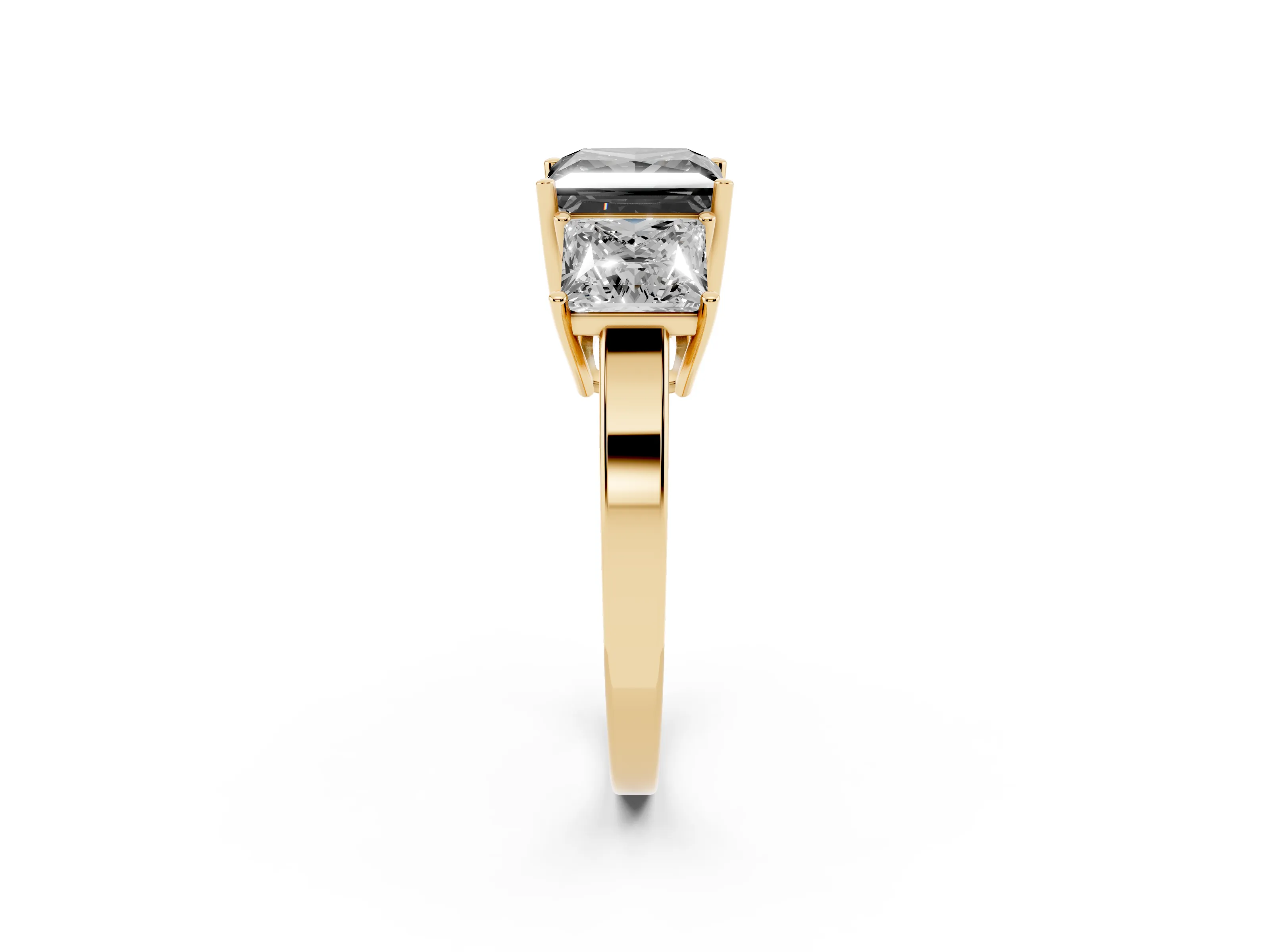 Fancy Black Princess Cut Diamond Three-Stone Engagement Ring Set in Yellow gold with Flat Band