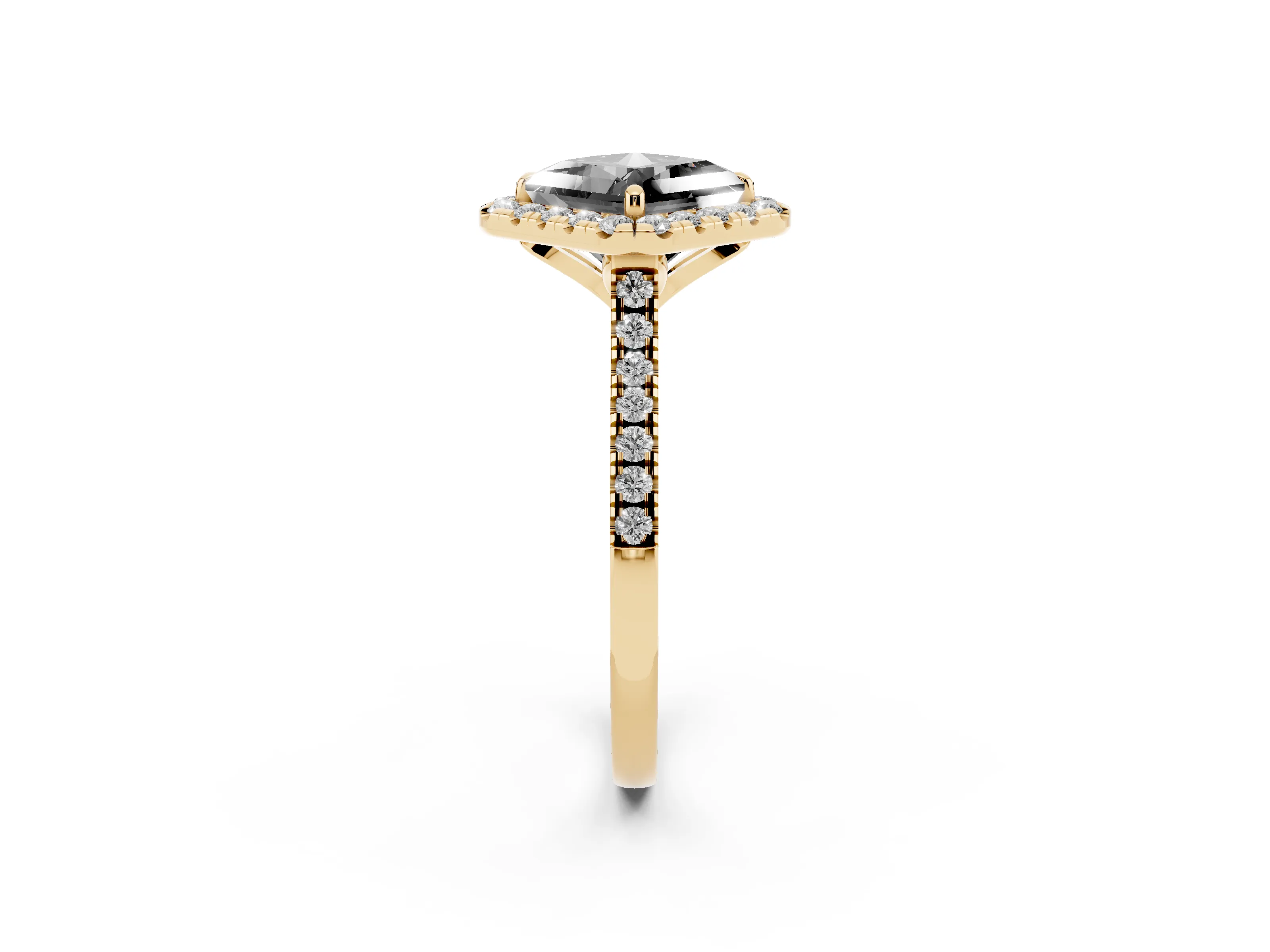 Fancy Black Princess Cut Diamond Cushion Halo Ring Set in Yellow gold with Pavé Band