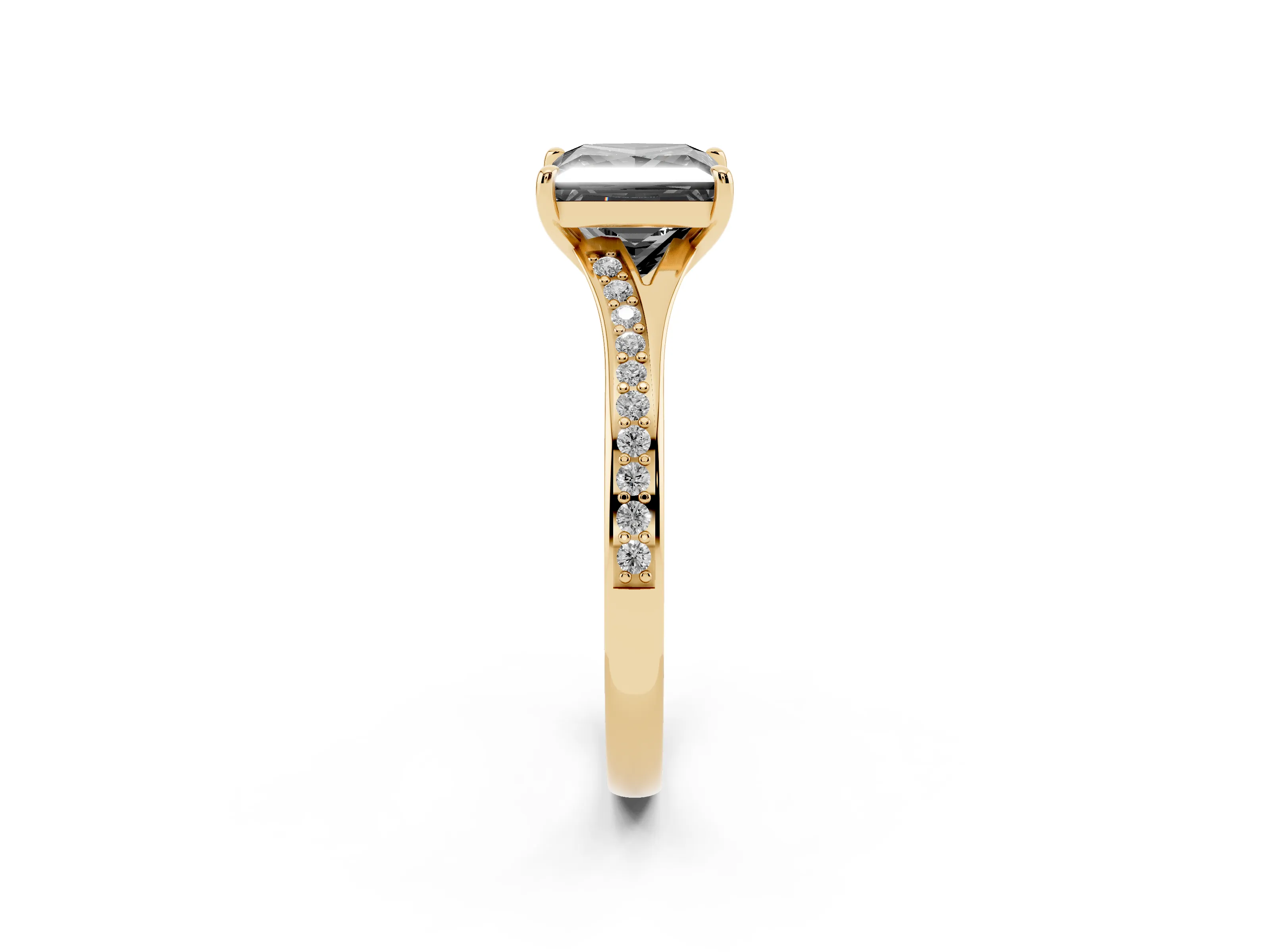 Fancy Black Princess Cut Diamond Solitaire Ring Set in Yellow gold with Pavé Accent Band and Classic Prong Setting