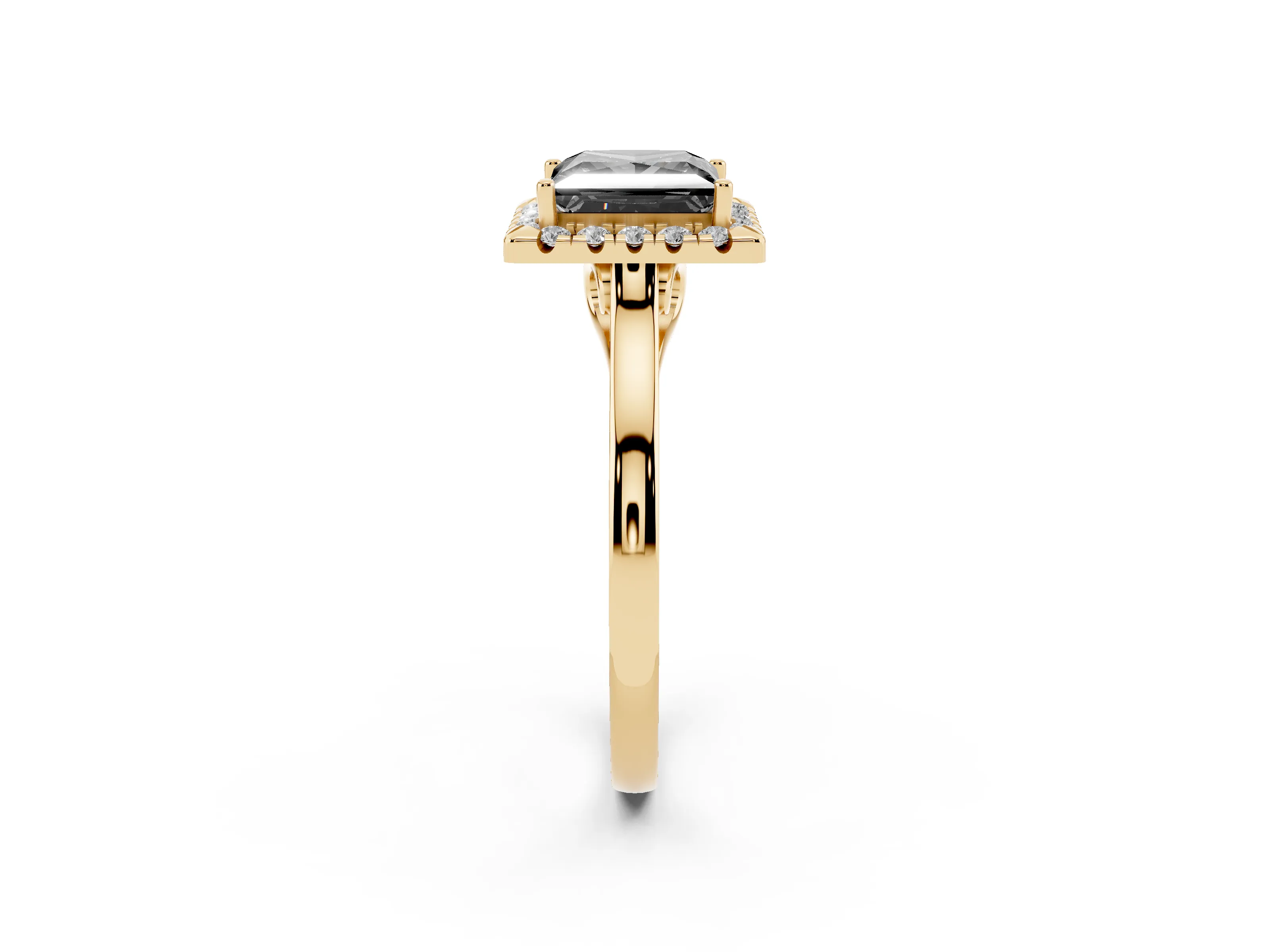Fancy Black Princess Cut Halo Round Diamond Solitaire Ring Set in Yellow gold with Pavé Band and Prong Setting