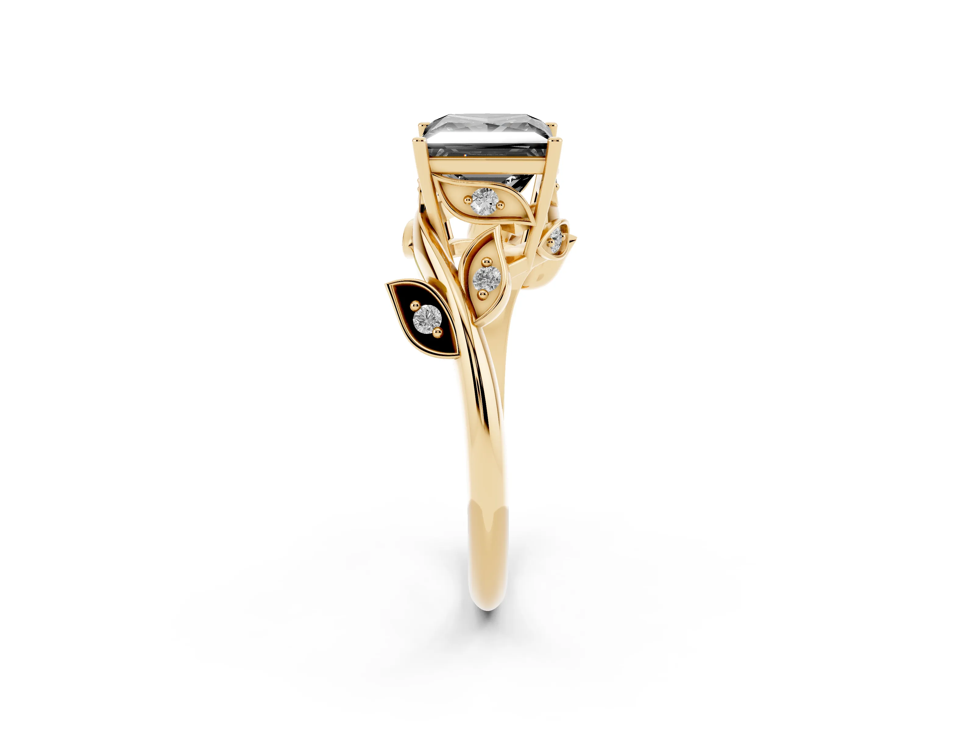 Fancy Black Princess Cut Diamond Solitaire Twist Engagement Ring Set in Yellow gold with Pavé Leaf Accents