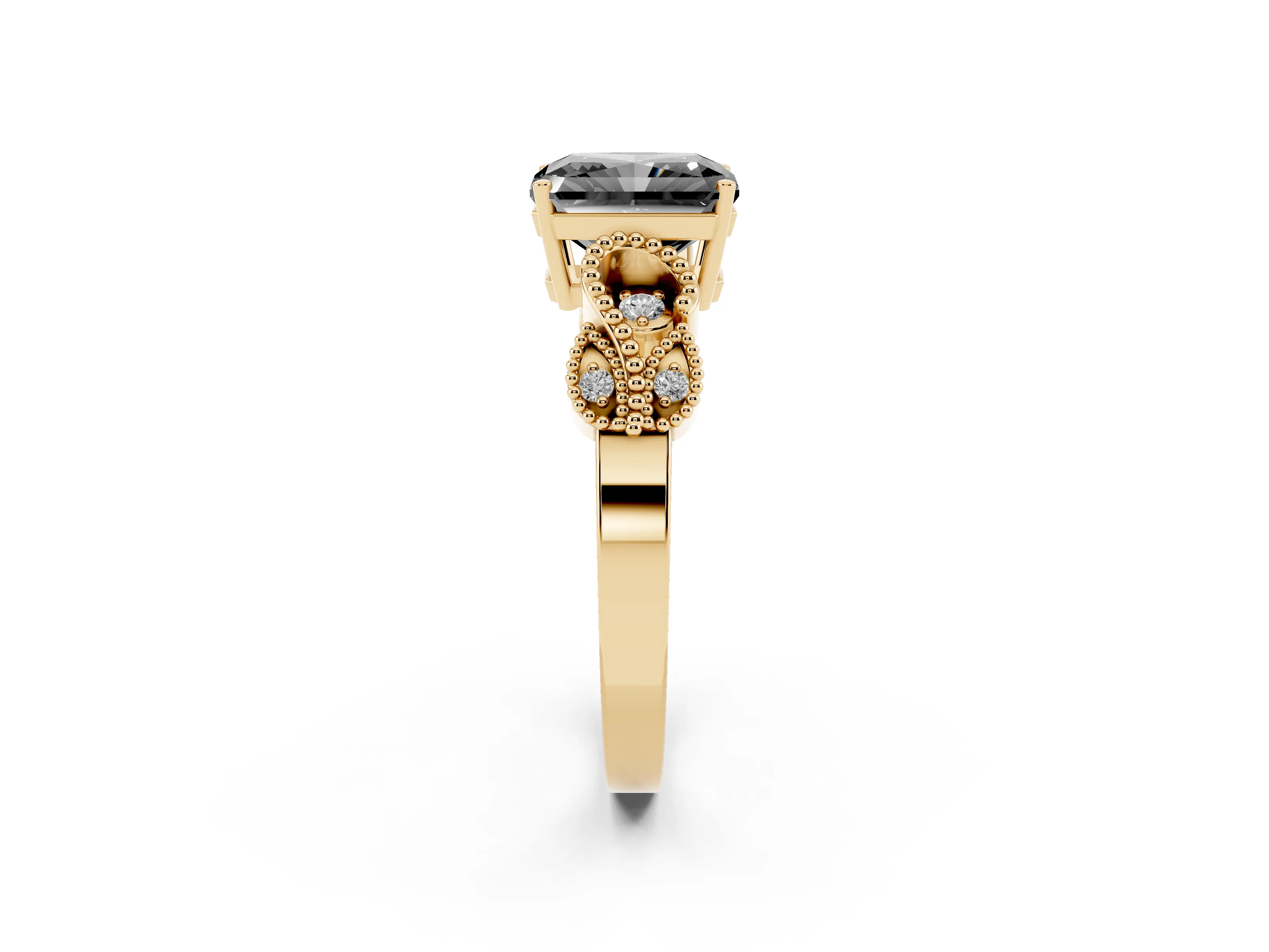 Fancy Black Princess Cut Diamond Milgrain Leaf Band Solitaire Ring Set in Yellow gold with Accent Stones and Prong Setting
