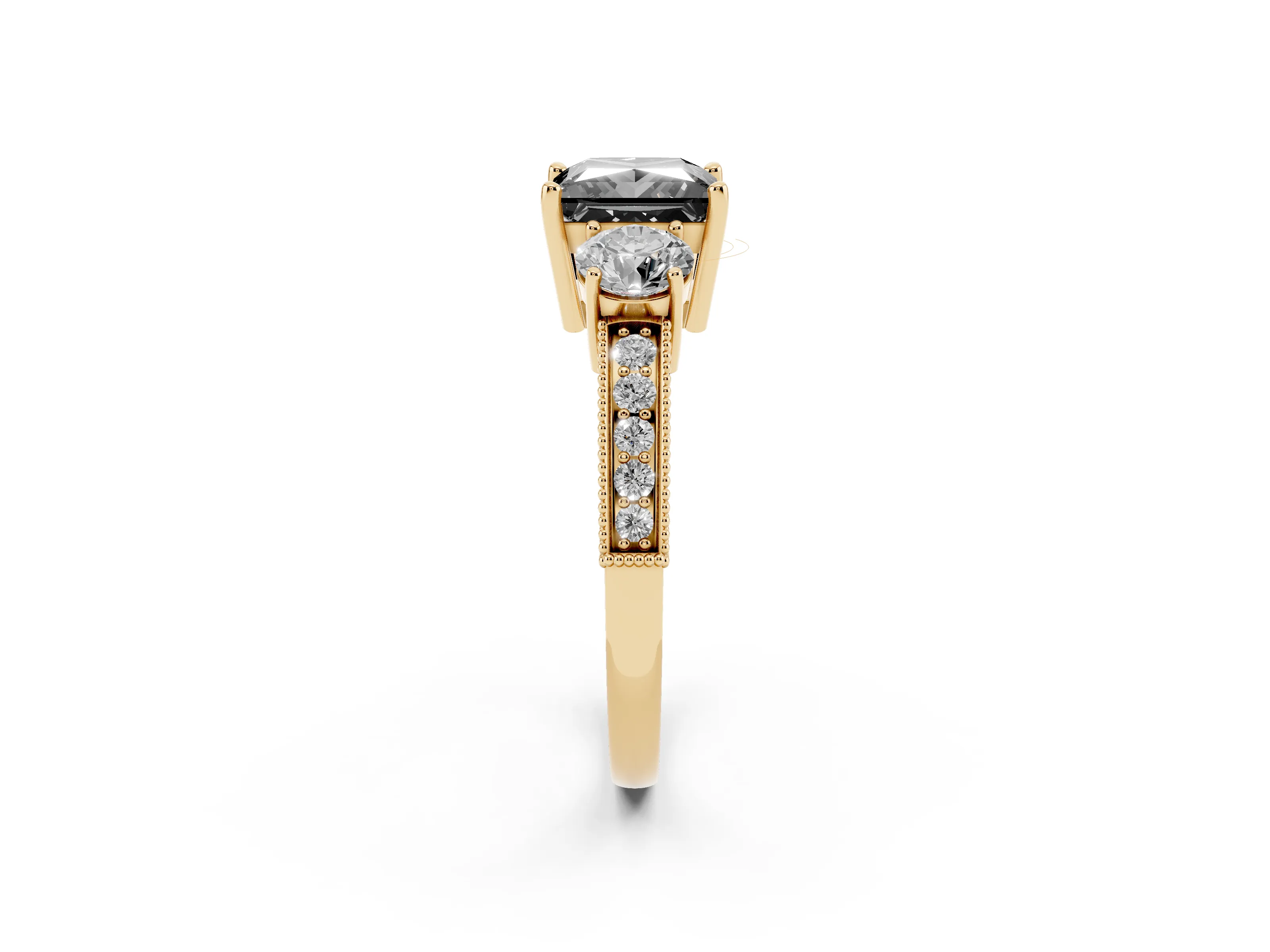 Fancy Black Princess Cut Diamond Three-Stone Ring Set in Yellow gold with Round Side Stones and Pavé Band