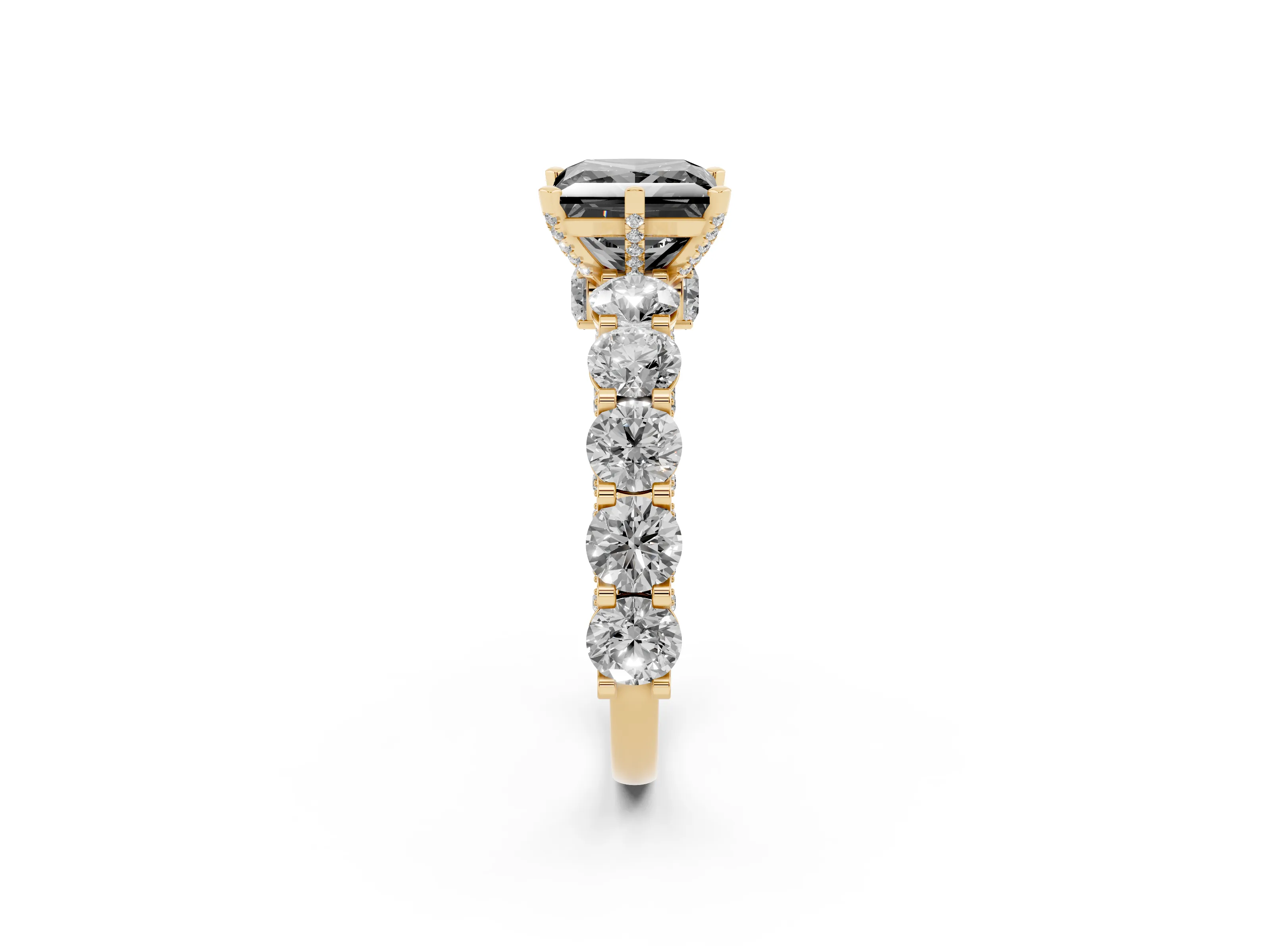 Fancy Black Princess Cut Diamond Side Stone Ring Set in Yellow gold with Alternating Round and Oval Side Stones