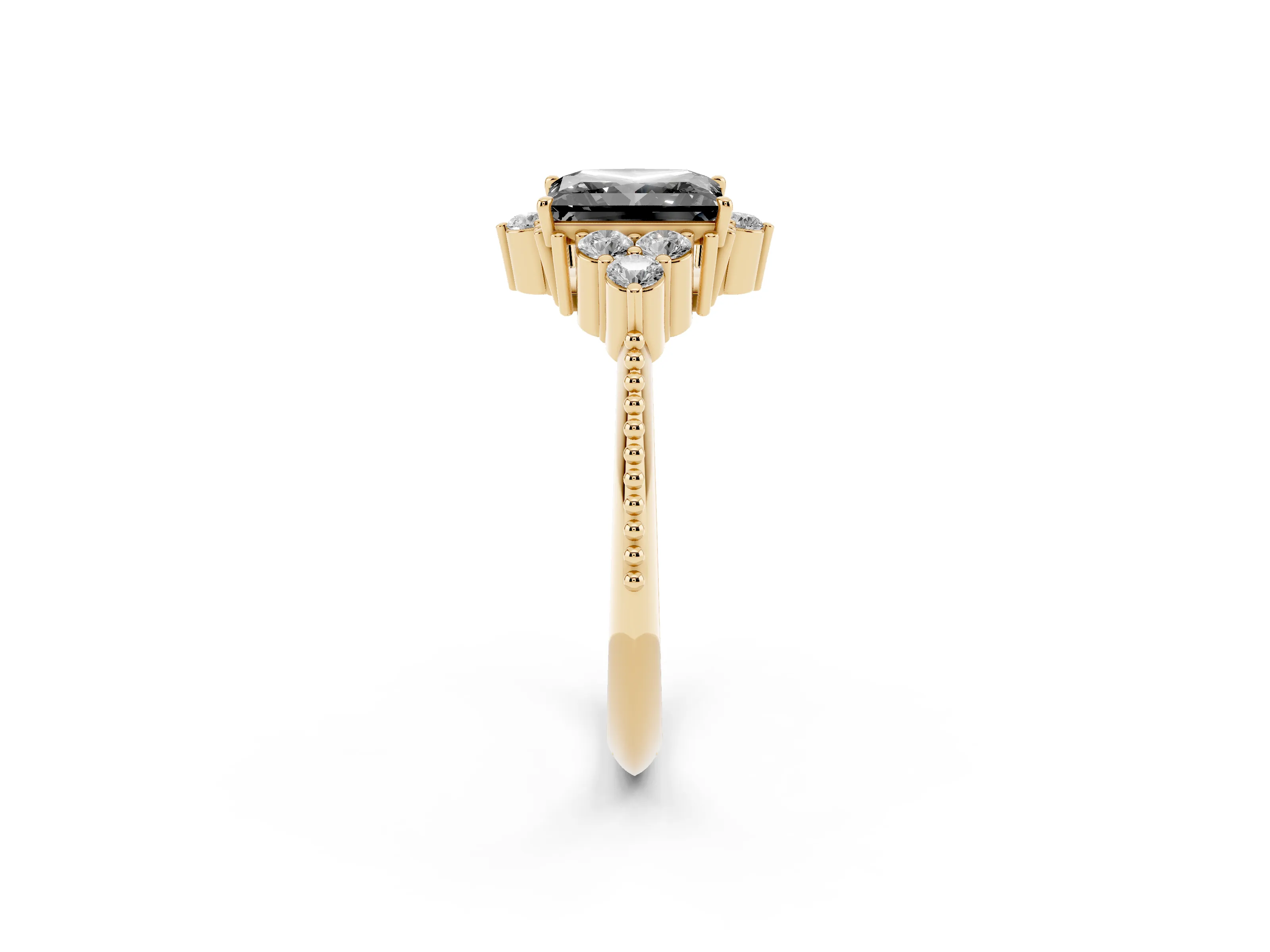 Fancy Black Princess Cut Diamond Cluster Ring Set in Yellow gold with Beaded Band