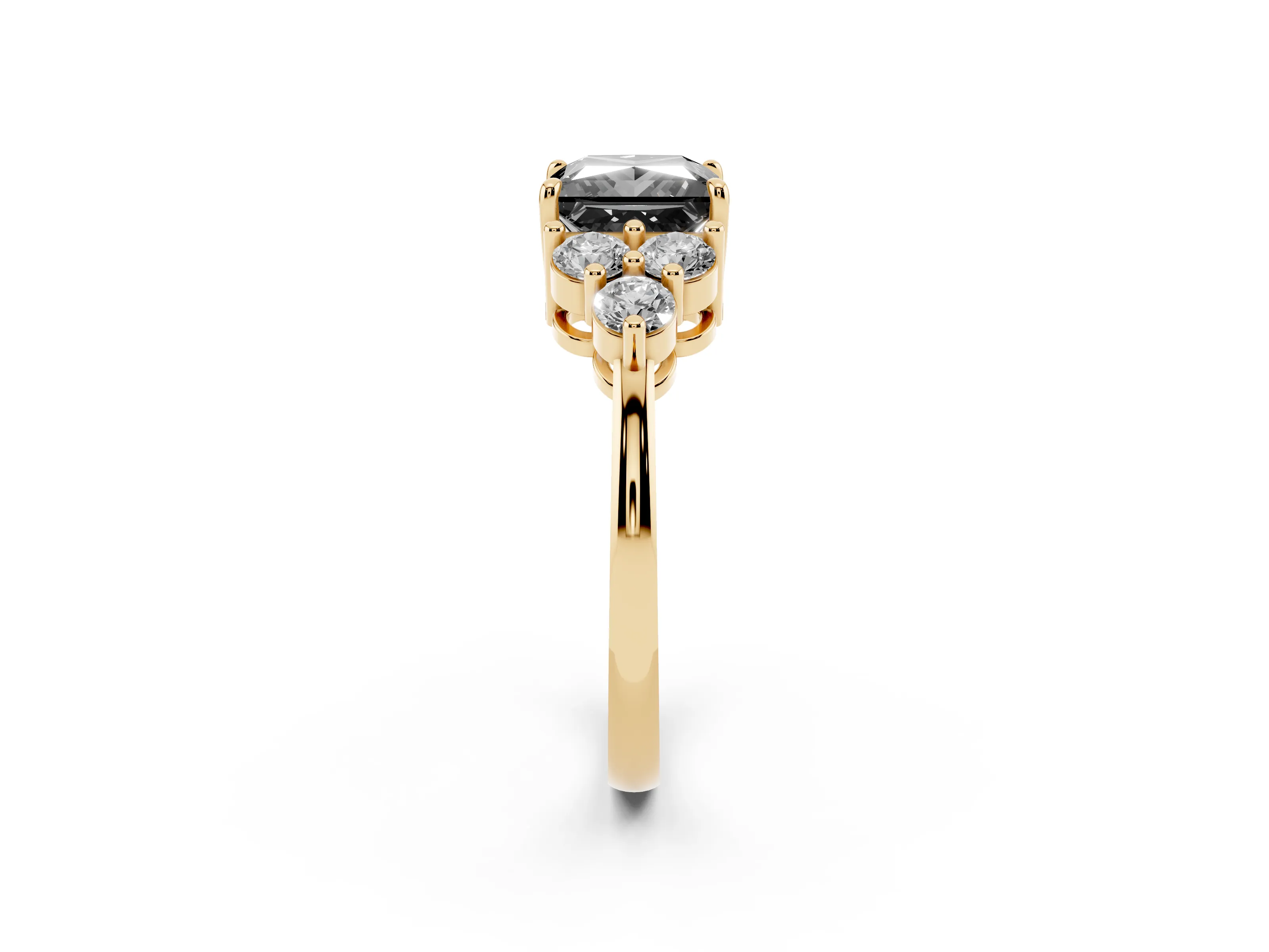 Fancy Black Princess Cut Diamond Solitaire Ring Set in Yellow gold with Cluster Accents on Each Side