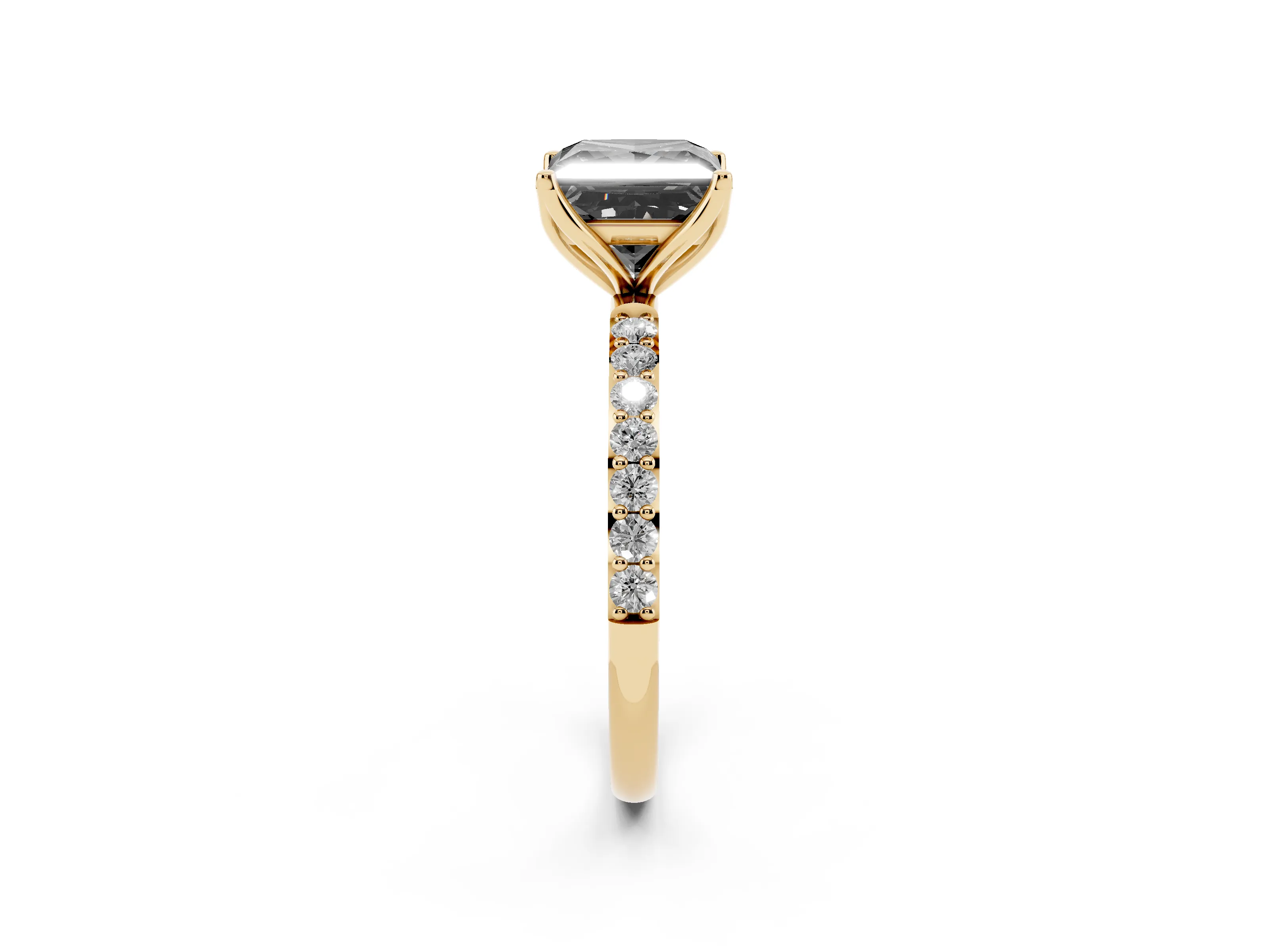 Fancy Black Princess Cut Diamond Solitaire Engagement Ring Set in Yellow gold with Round Pavé Band and Prong Setting
