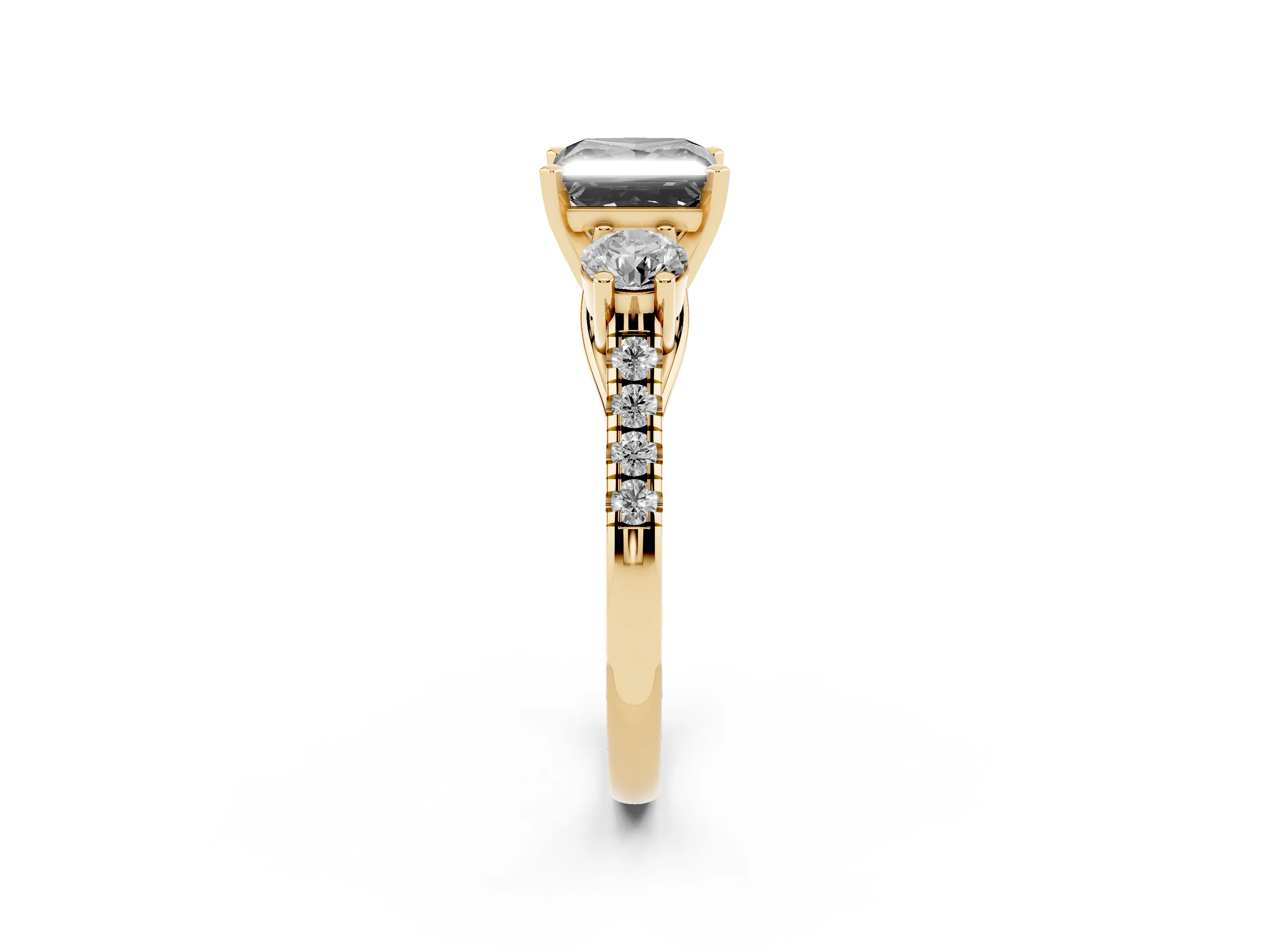 Fancy Black Three-Stone Princess Cut Diamond Pavé Band Ring Set in Yellow gold with Prong-Set Trio