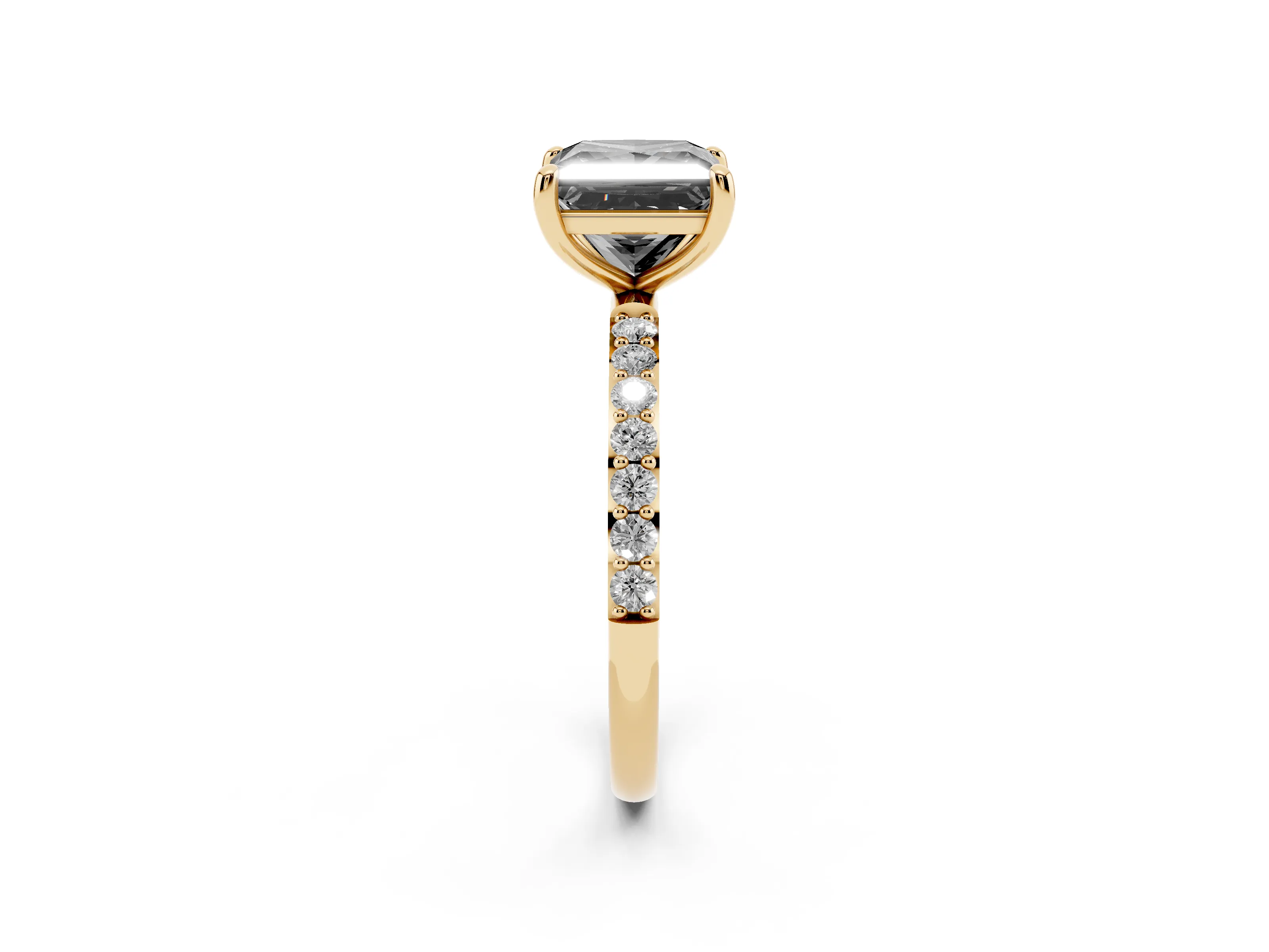 Fancy Black Princess Cut Diamond Solitaire Ring Set in Yellow gold with Round Pavé Band and Prong Setting