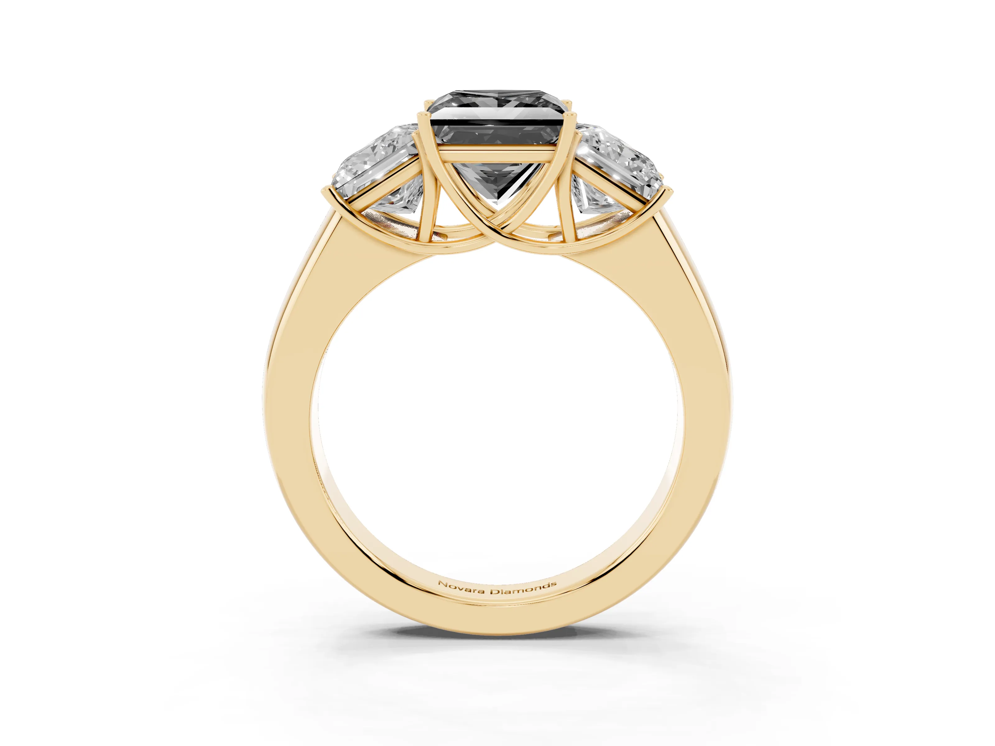 Fancy Black Three-Stone Princess Cut Diamond Ring Set in Yellow gold with Matching Prong Settings and Plain Band