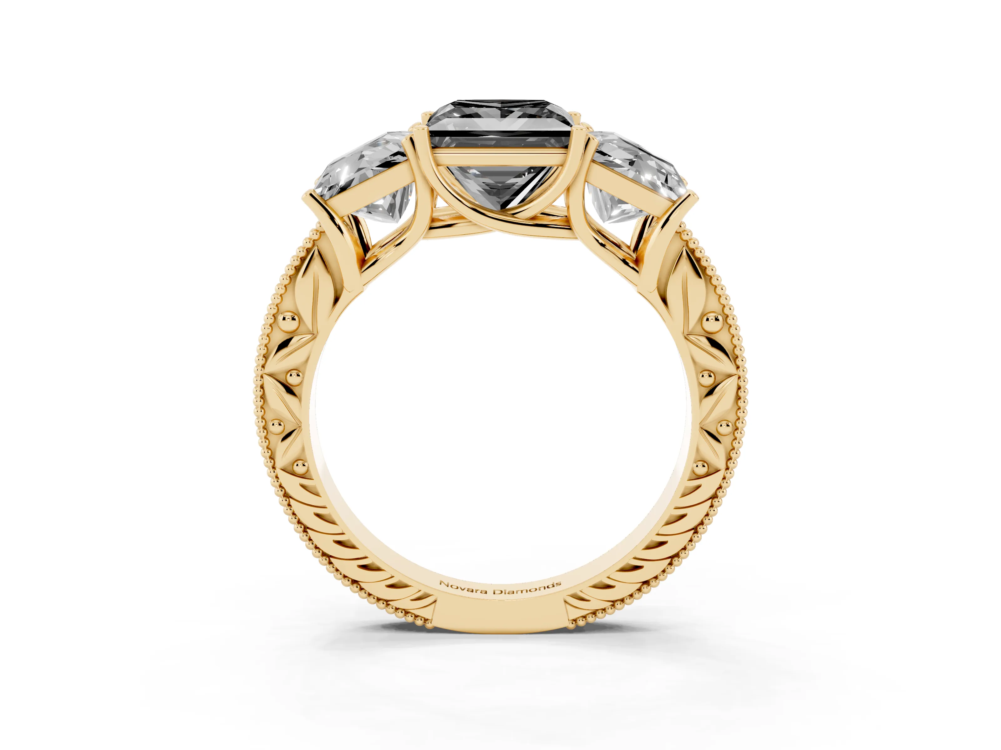 Fancy Black Princess Cut Diamond Three-Stone Engagement Ring Set in Yellow gold with Milgrain Pavé Band