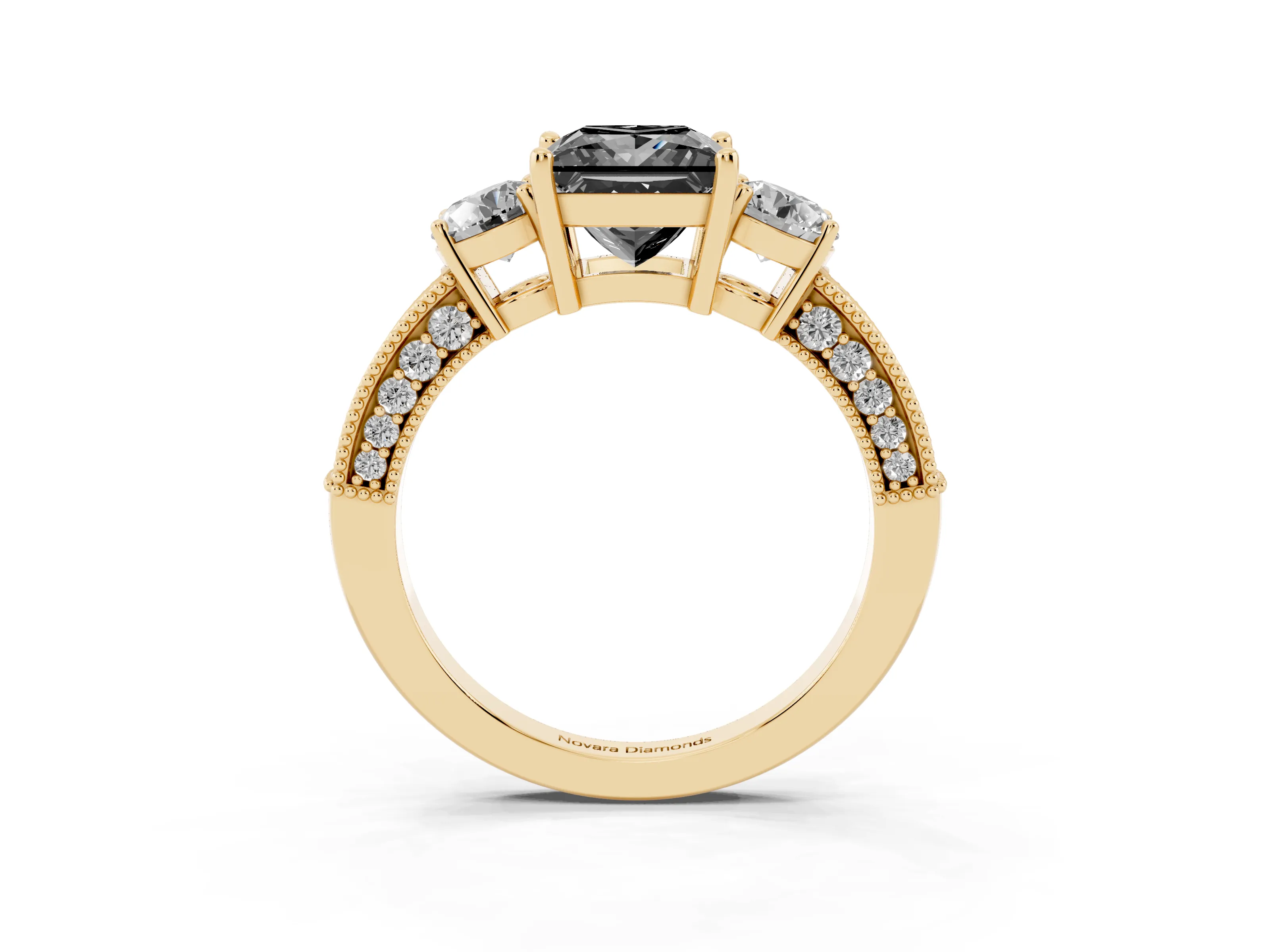 Fancy Black Princess Cut Diamond Three-Stone Ring Set in Yellow gold with Round Side Stones and Pavé Band