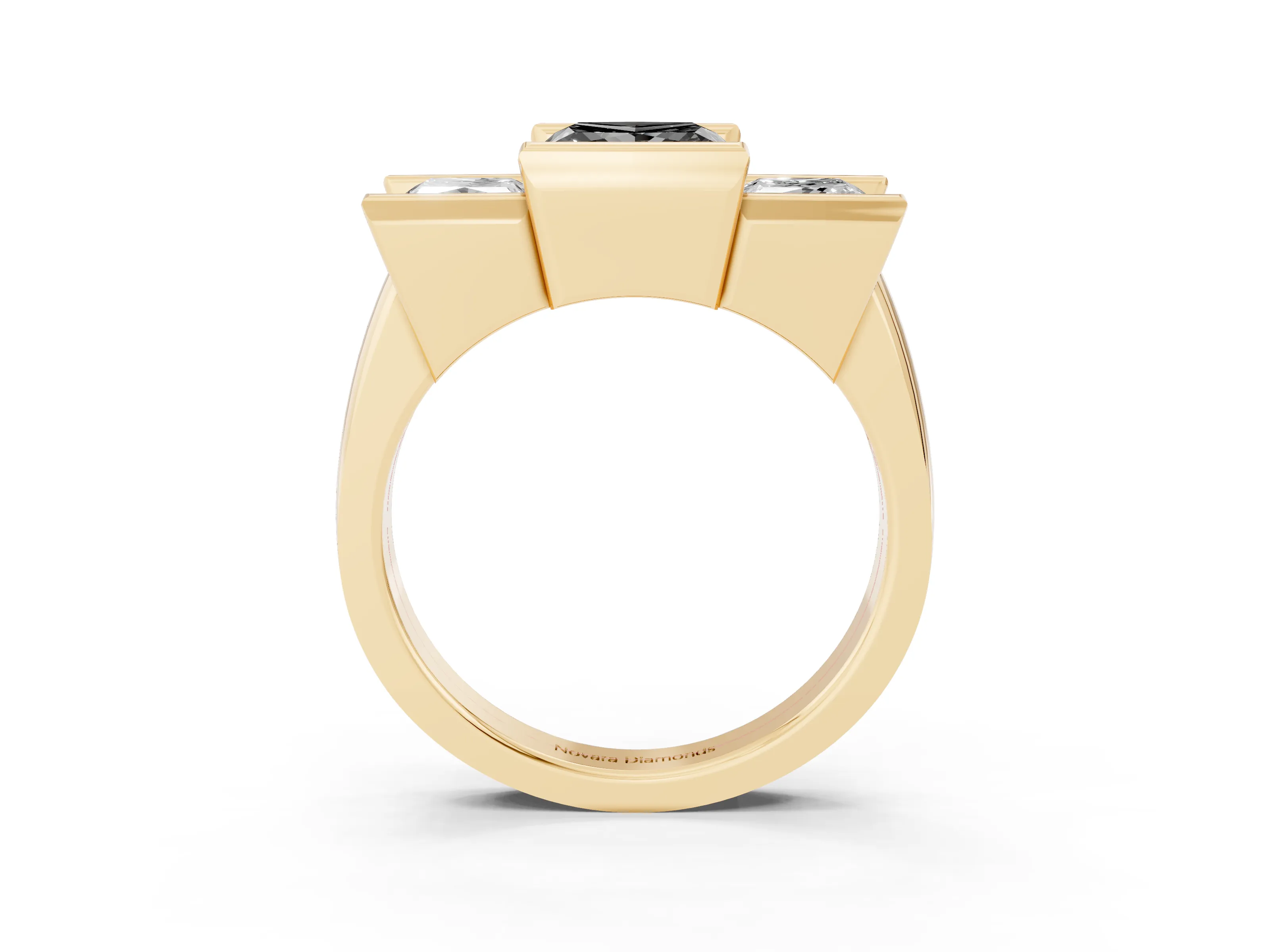 Fancy Black Princess Cut Diamond Three-Stone Channel Set Ring Set in Yellow gold with Smooth Polished Band