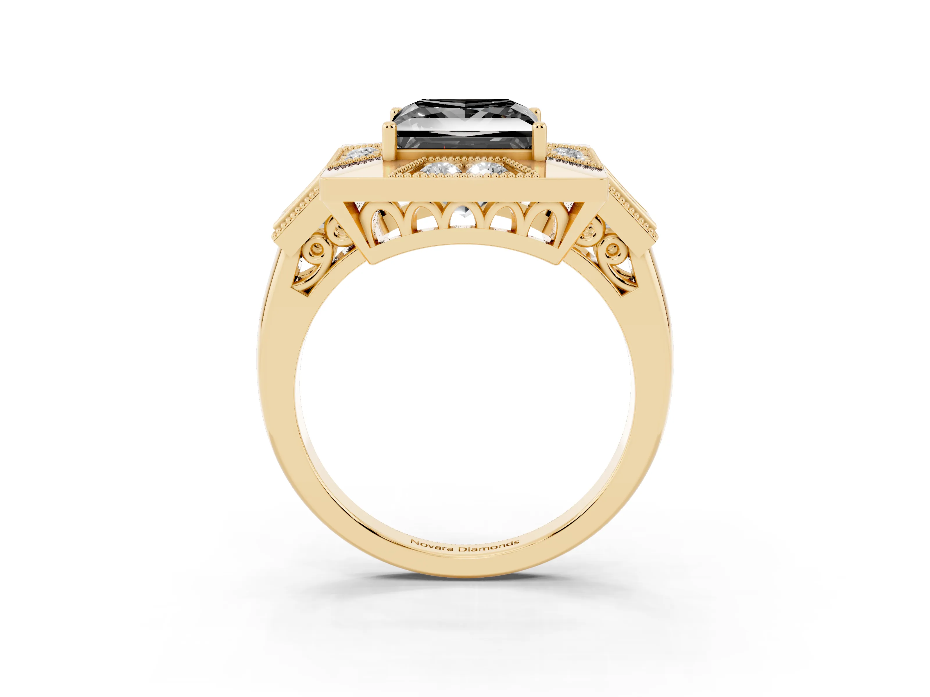 Fancy Black Princess Cut Diamond Milgrain Halo Ring Set in Yellow gold with Split Shank