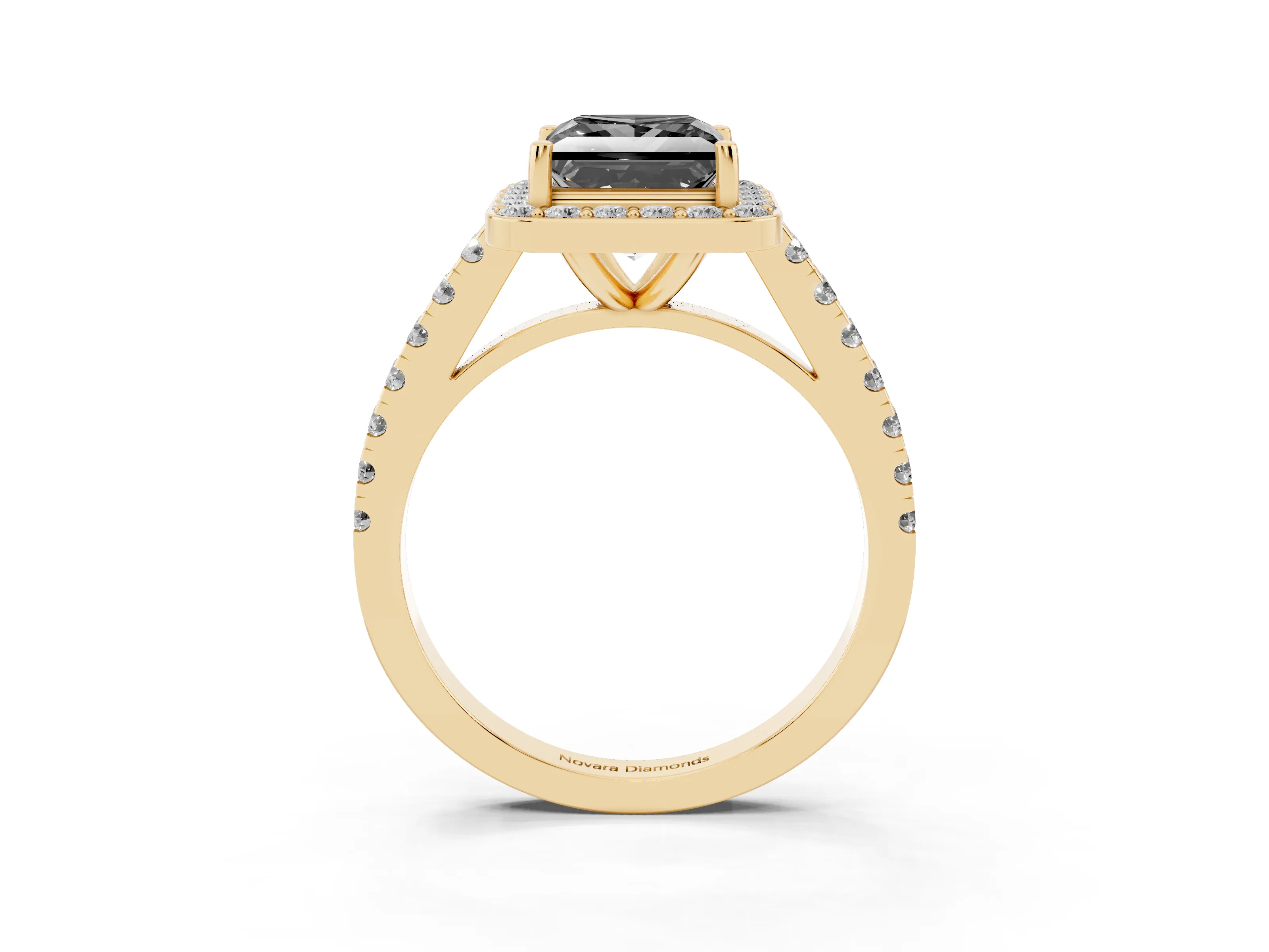 Fancy Black Princess Cut Diamond Halo Ring Set in Yellow gold with Round Pavé Split Shank and Prong Setting