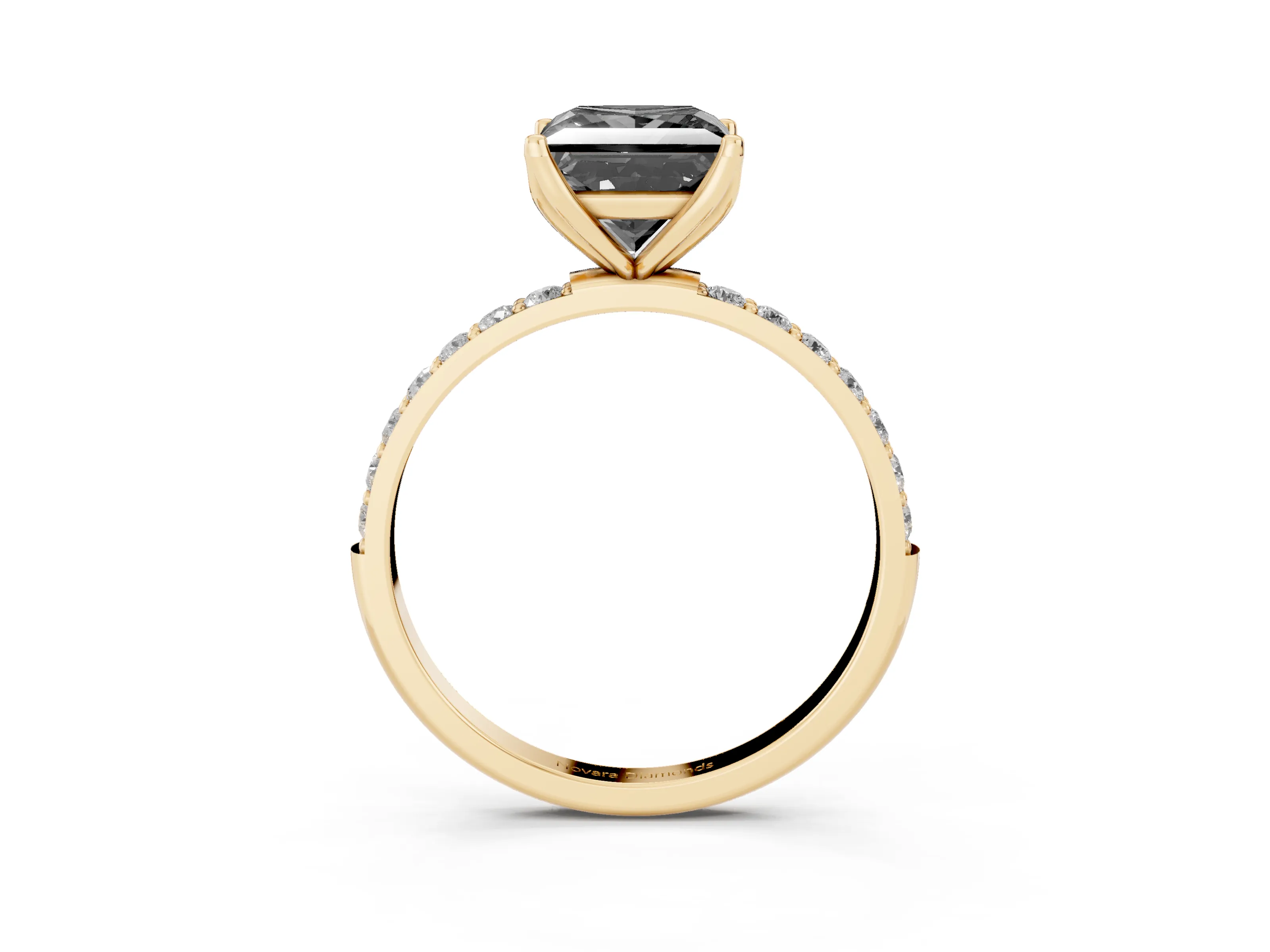 Fancy Black Princess Cut Diamond Solitaire Engagement Ring Set in Yellow gold with Round Pavé Band and Prong Setting