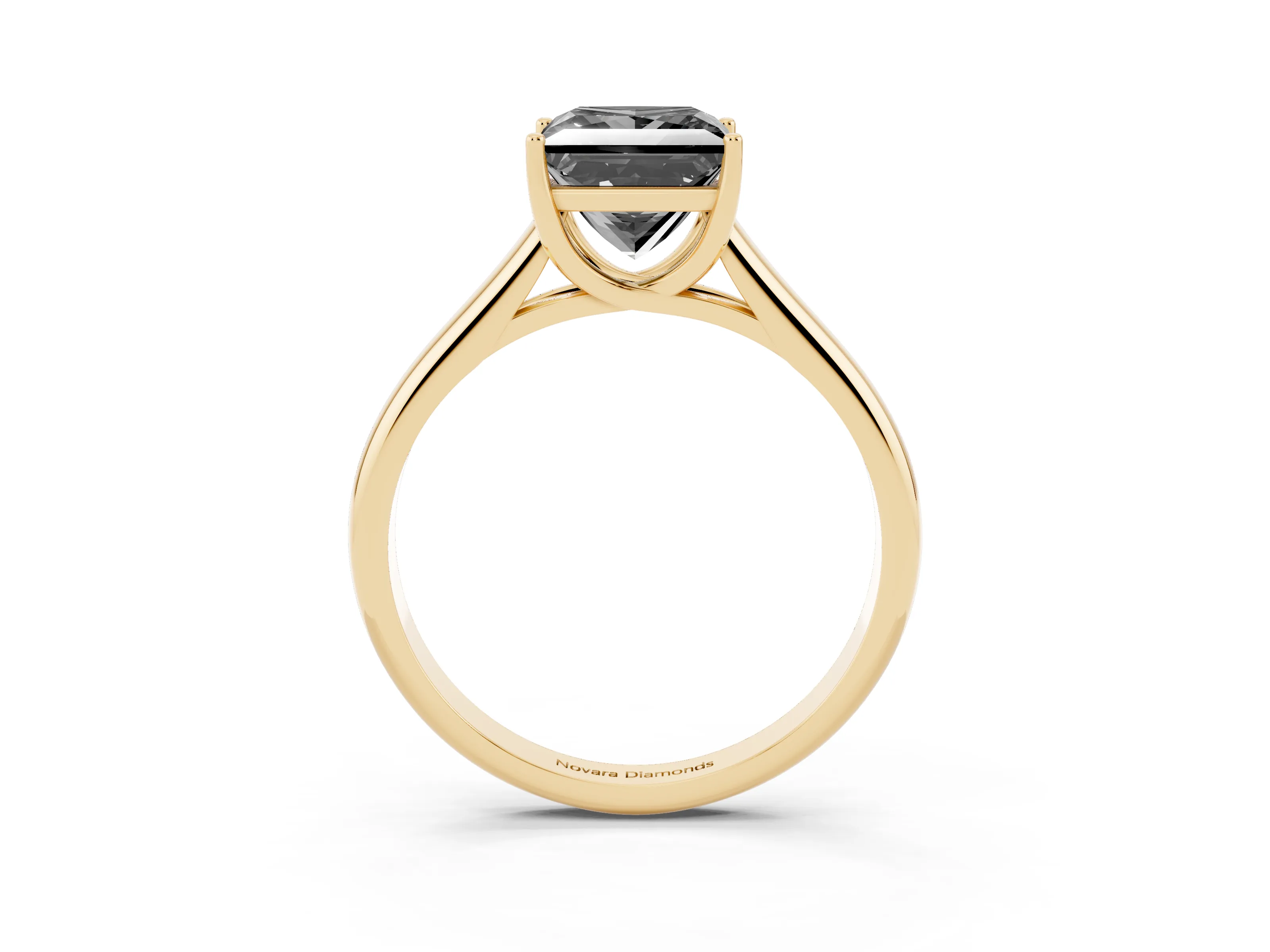 Fancy Black Princess Cut Diamond Solitaire Engagement Ring Set in Yellow gold with Subtly Tapered Band and Prong Setting