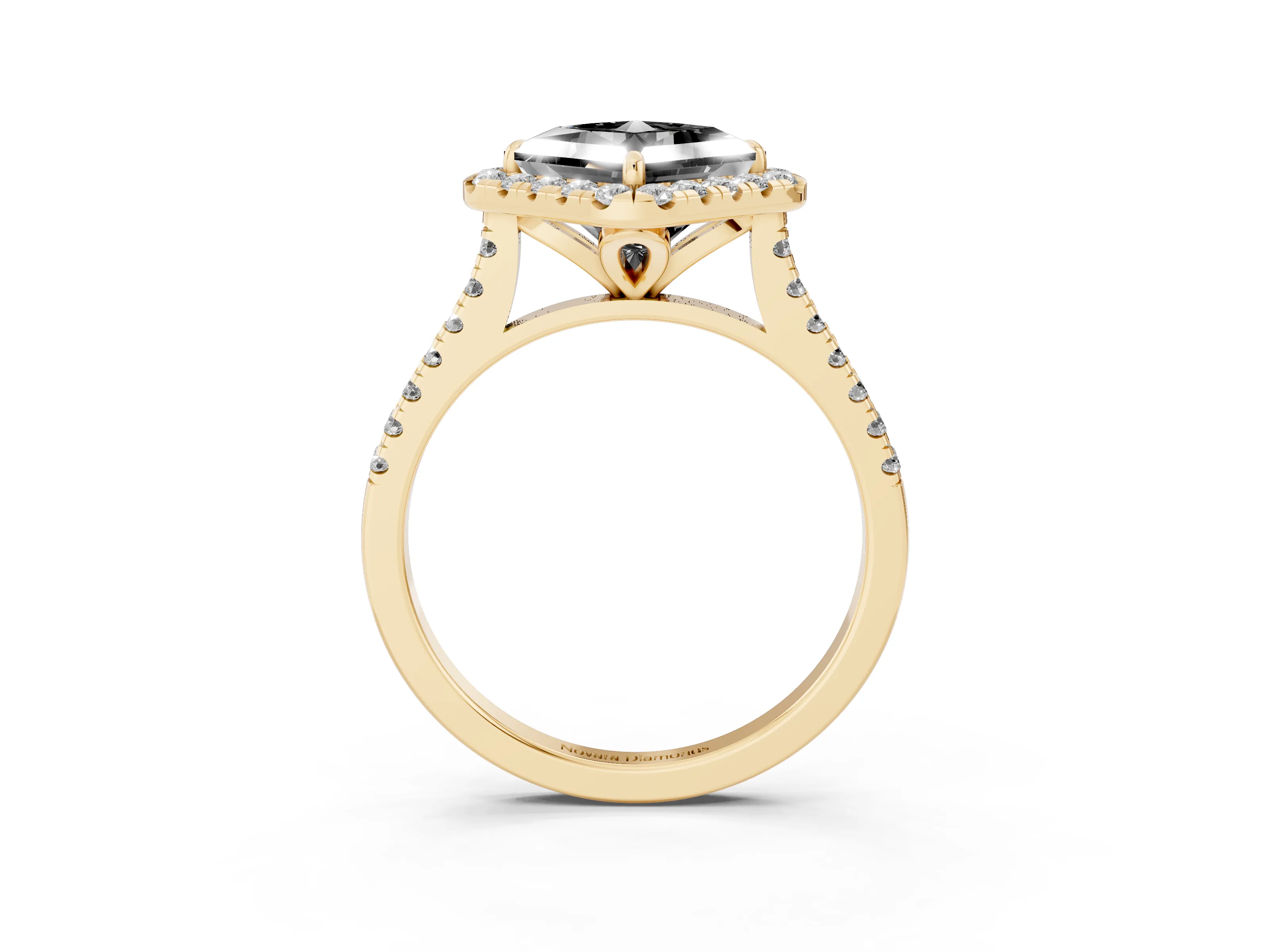 Fancy Black Princess Cut Diamond Cushion Halo Ring Set in Yellow gold with Pavé Band