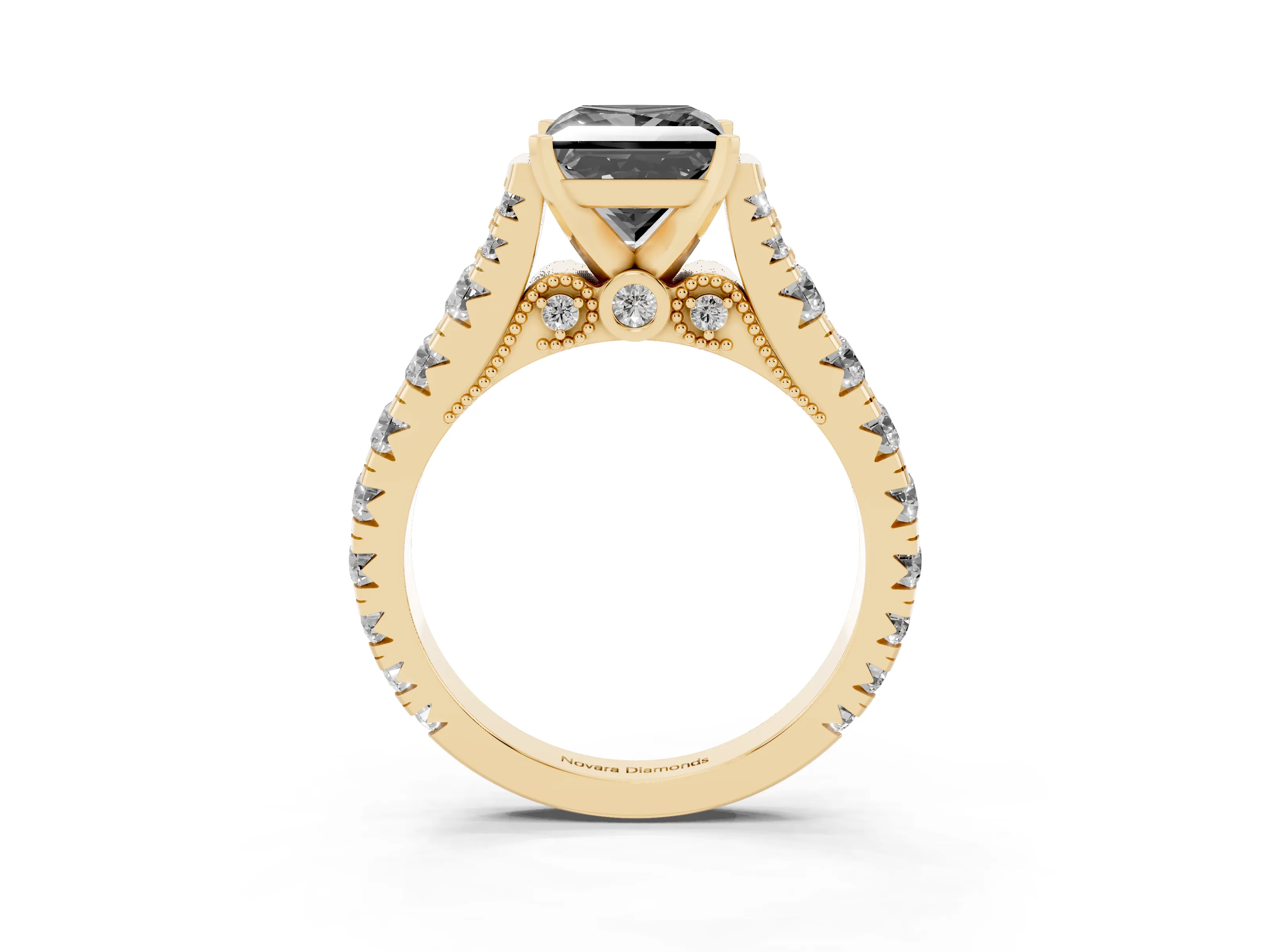Fancy Black Princess Cut Diamond Classic Solitaire Ring Set in Yellow gold with Pavé Band and Prong Setting
