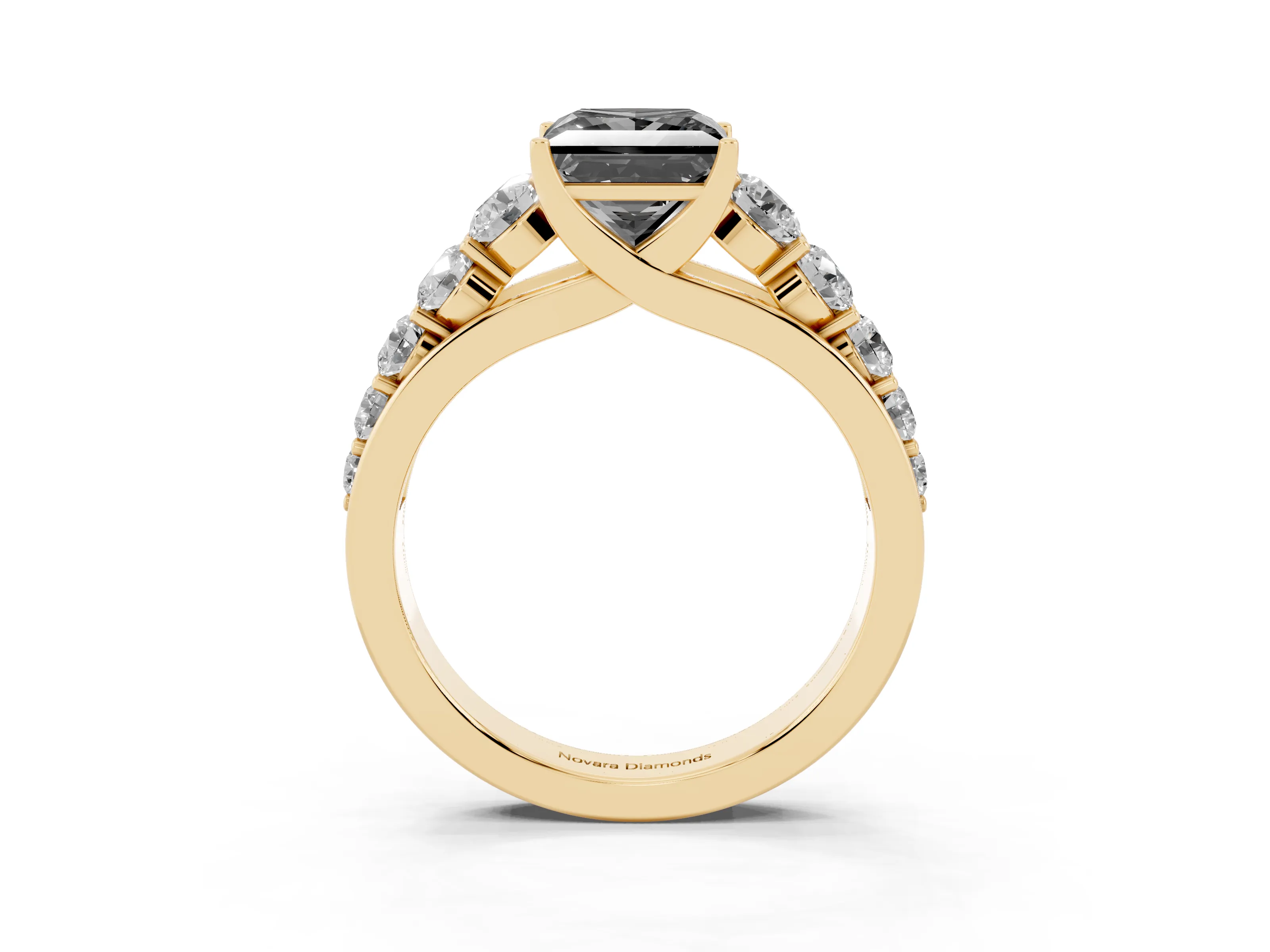 Fancy Black Princess Cut Diamond Solitaire Ring Set in Yellow gold with Pavé-Set Band and Prong Setting