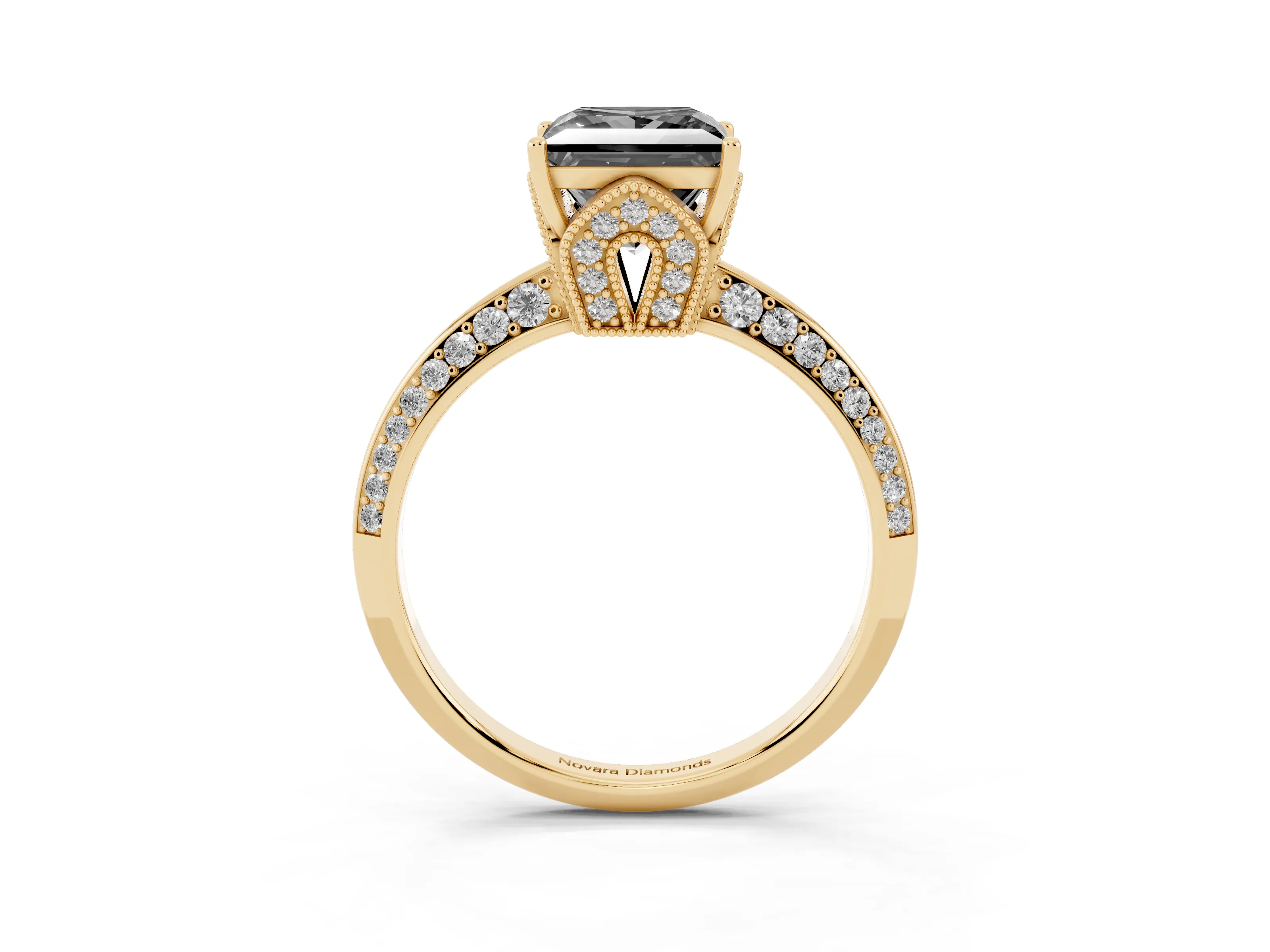 Fancy Black Princess Cut Diamond Solitaire Engagement Ring Set in Yellow gold with Pavé Split Shank and Prong Setting