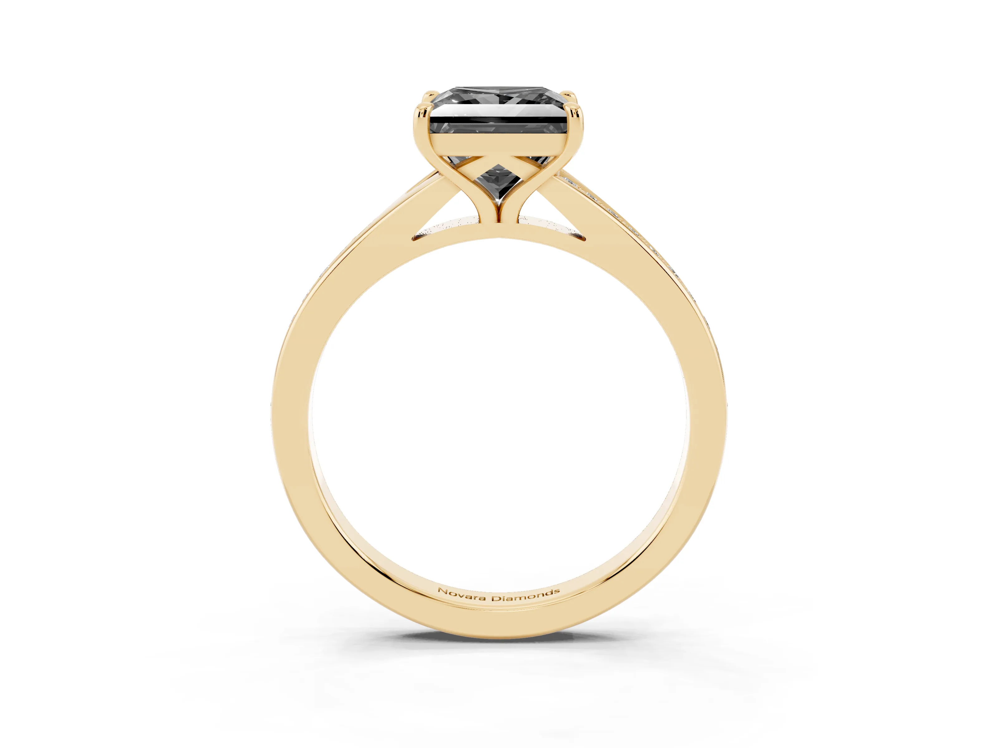 Fancy Black Princess Cut Diamond Solitaire Ring Set in Yellow gold with Pavé Accent Band and Classic Prong Setting