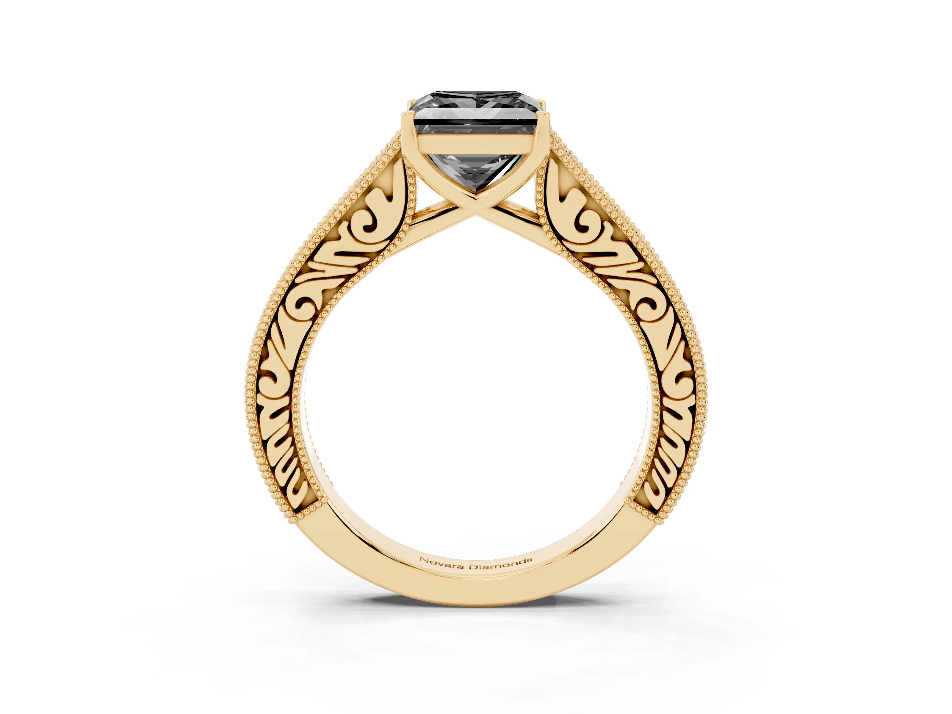 Fancy Black Princess Cut Diamond Milgrain Pavé Band Solitaire Ring Set in Yellow gold with Prong Setting