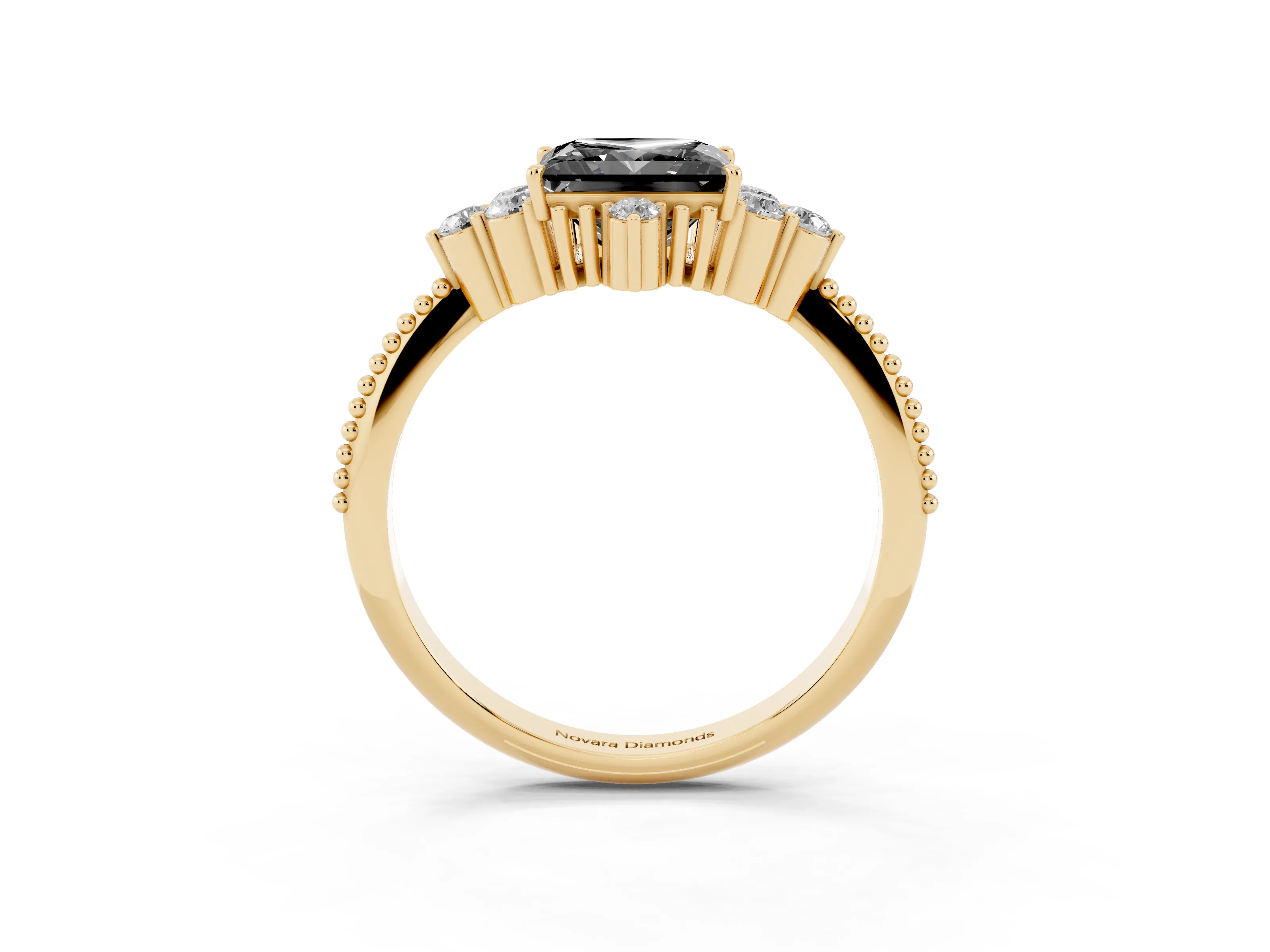 Fancy Black Princess Cut Diamond Cluster Ring Set in Yellow gold with Beaded Band