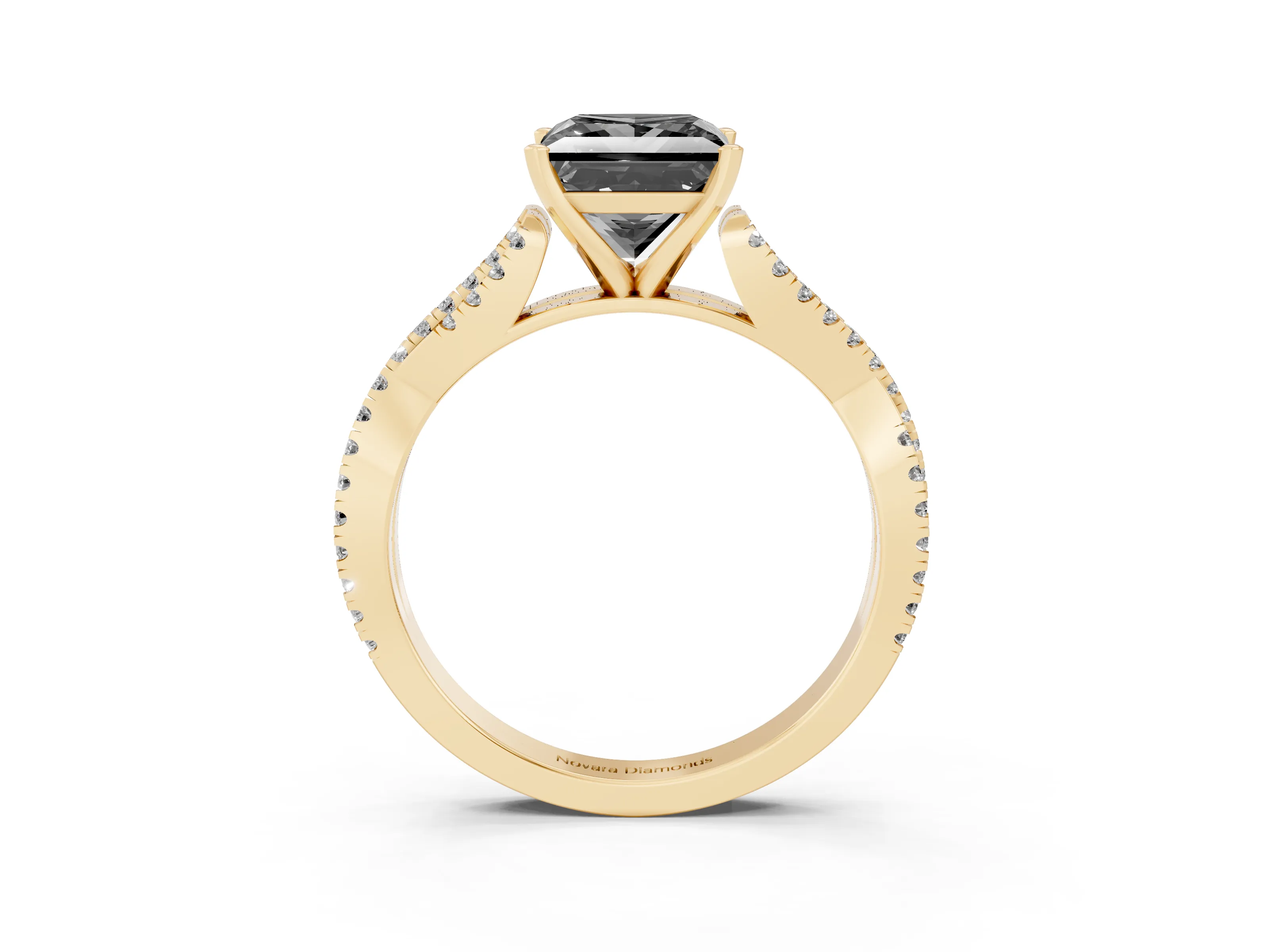 Fancy Black Princess Cut Diamond Solitaire Engagement Ring Set in Yellow gold with Twisted Pavé Band and Prong Setting