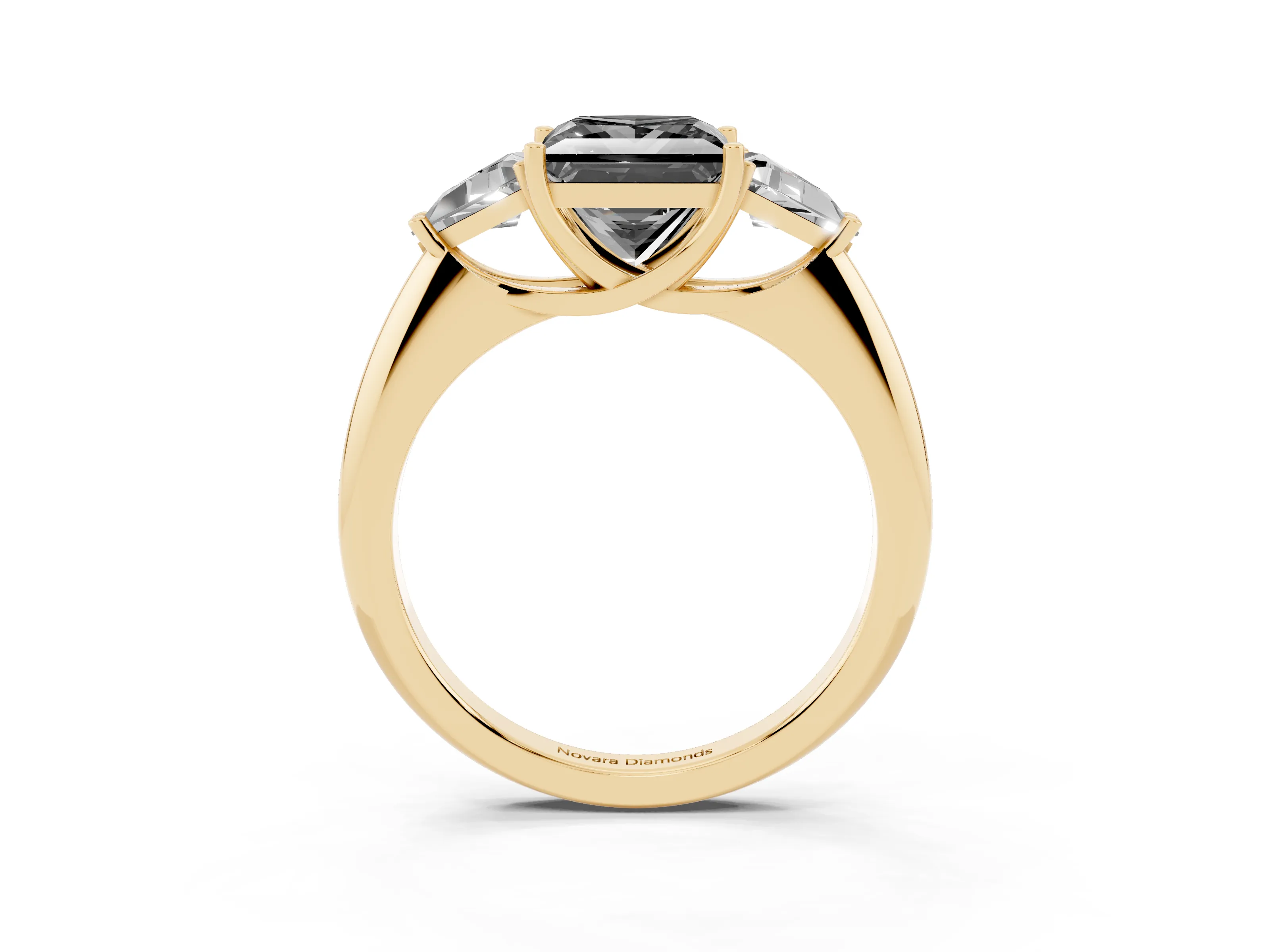 Fancy Black Princess Cut Diamond Three-Stone Engagement Ring Set in Yellow gold with Trillion Side Stones