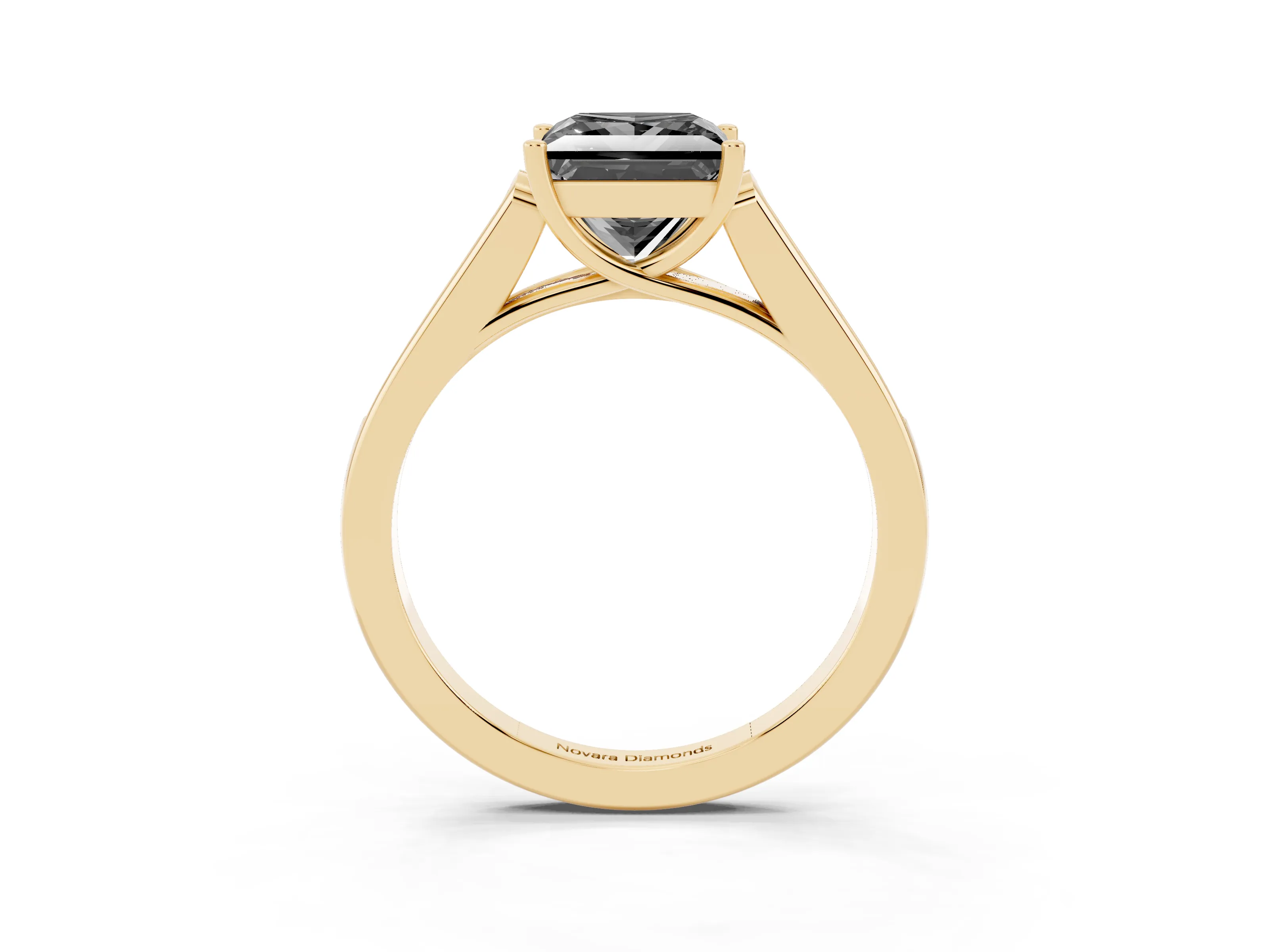Fancy Black Princess Cut Diamond Solitaire Cathedral Engagement Ring Set in Yellow gold with Channel-Set Band and Prong Setting