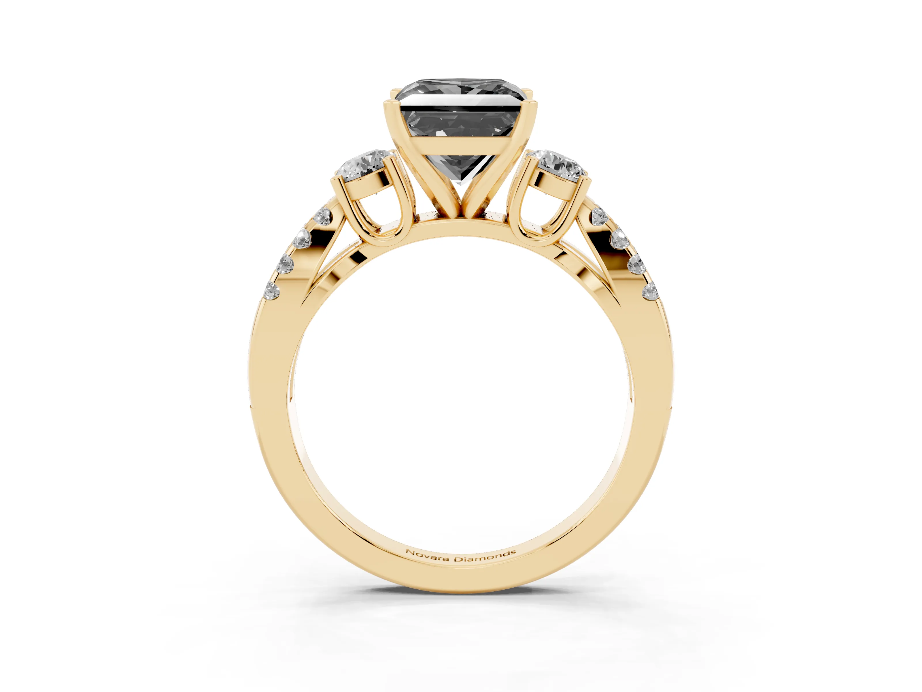 Fancy Black Princess Cut Diamond Three-Stone Ring Set in Yellow gold with Pavé Split Shank and Prong Setting