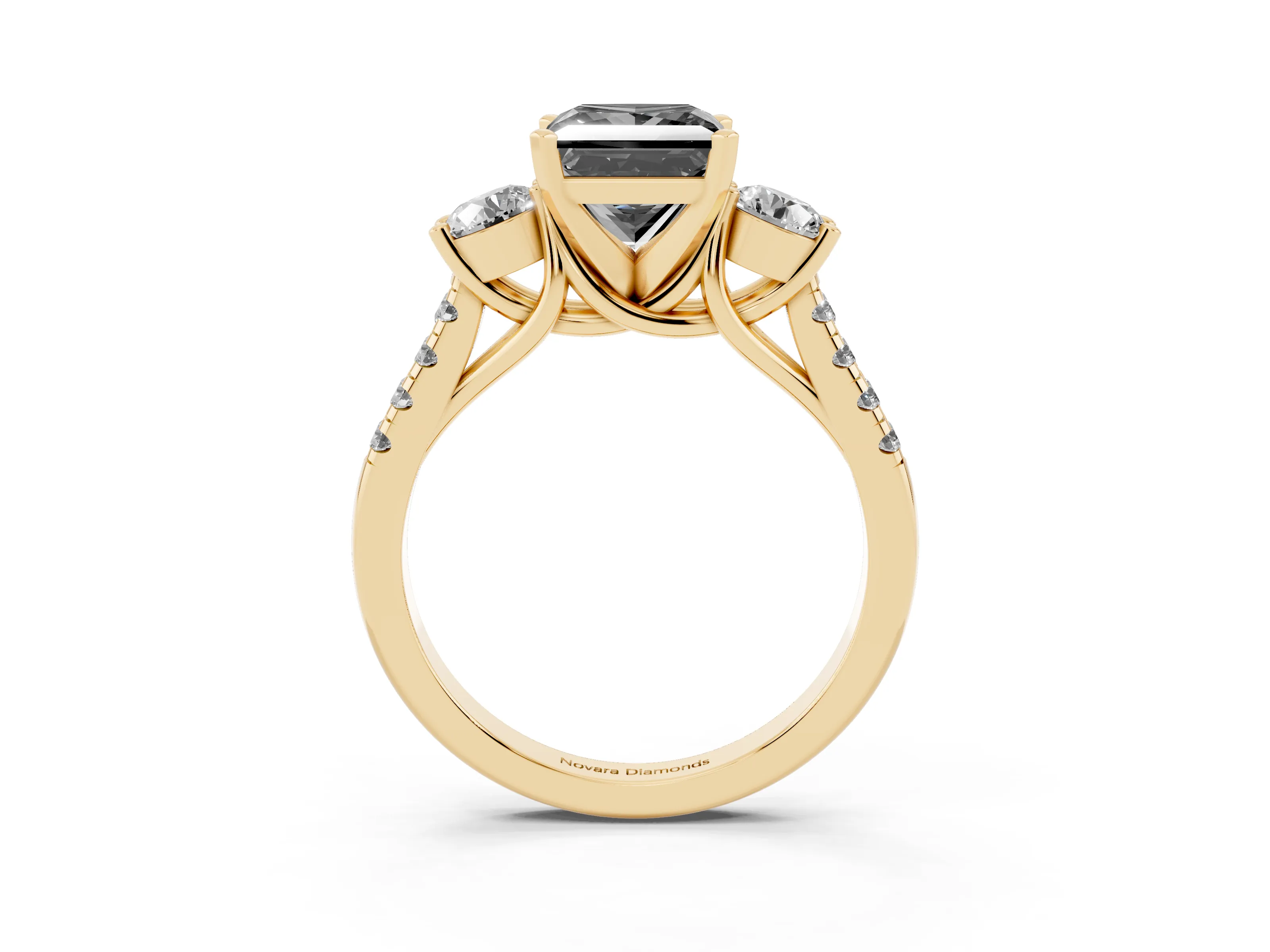 Fancy Black Three-Stone Princess Cut Diamond Pavé Band Ring Set in Yellow gold with Prong-Set Trio