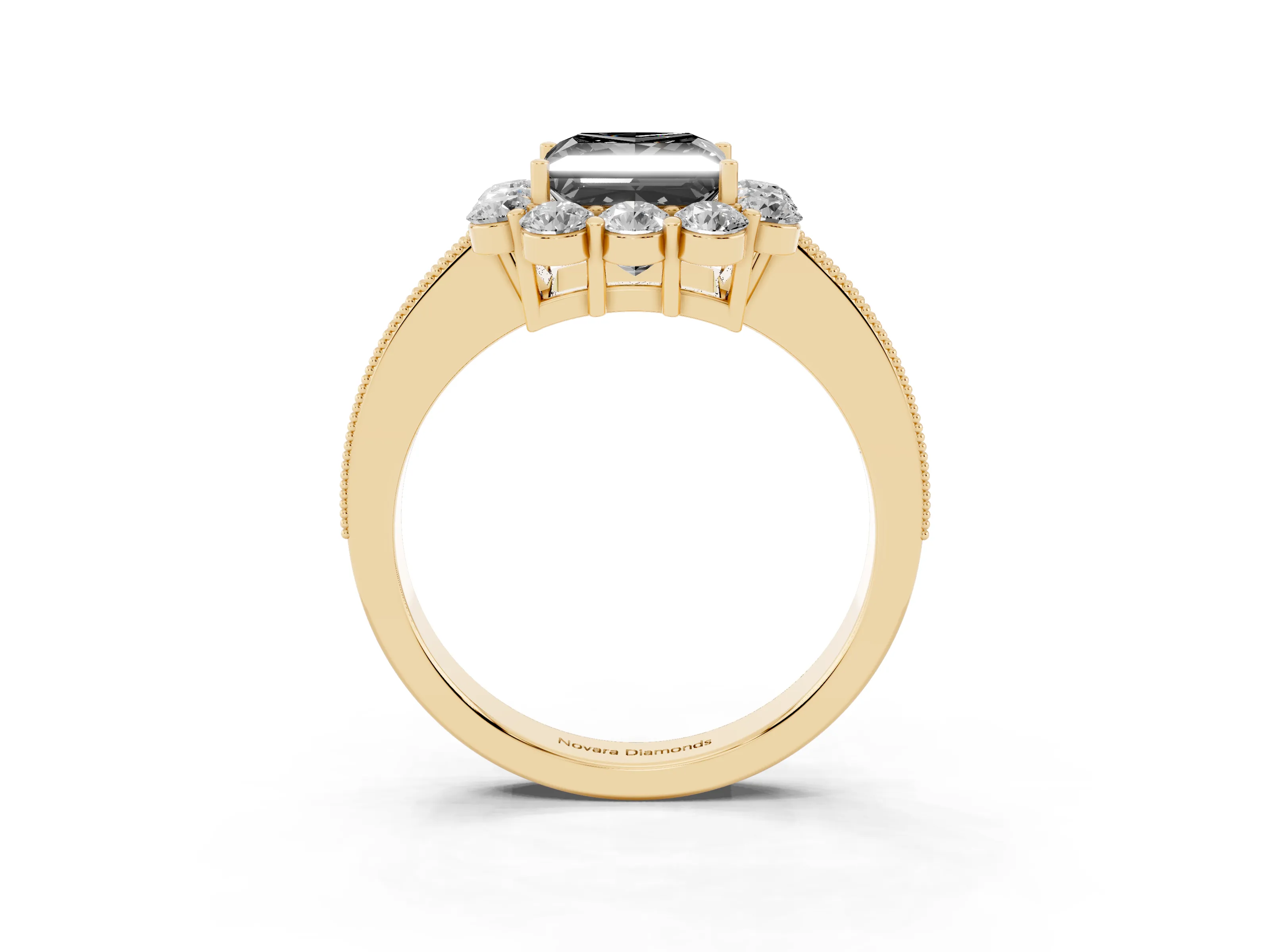 Fancy Black Princess Cut Diamond Halo Pavé Engagement Ring Set in Yellow gold with Milgrain Detailing