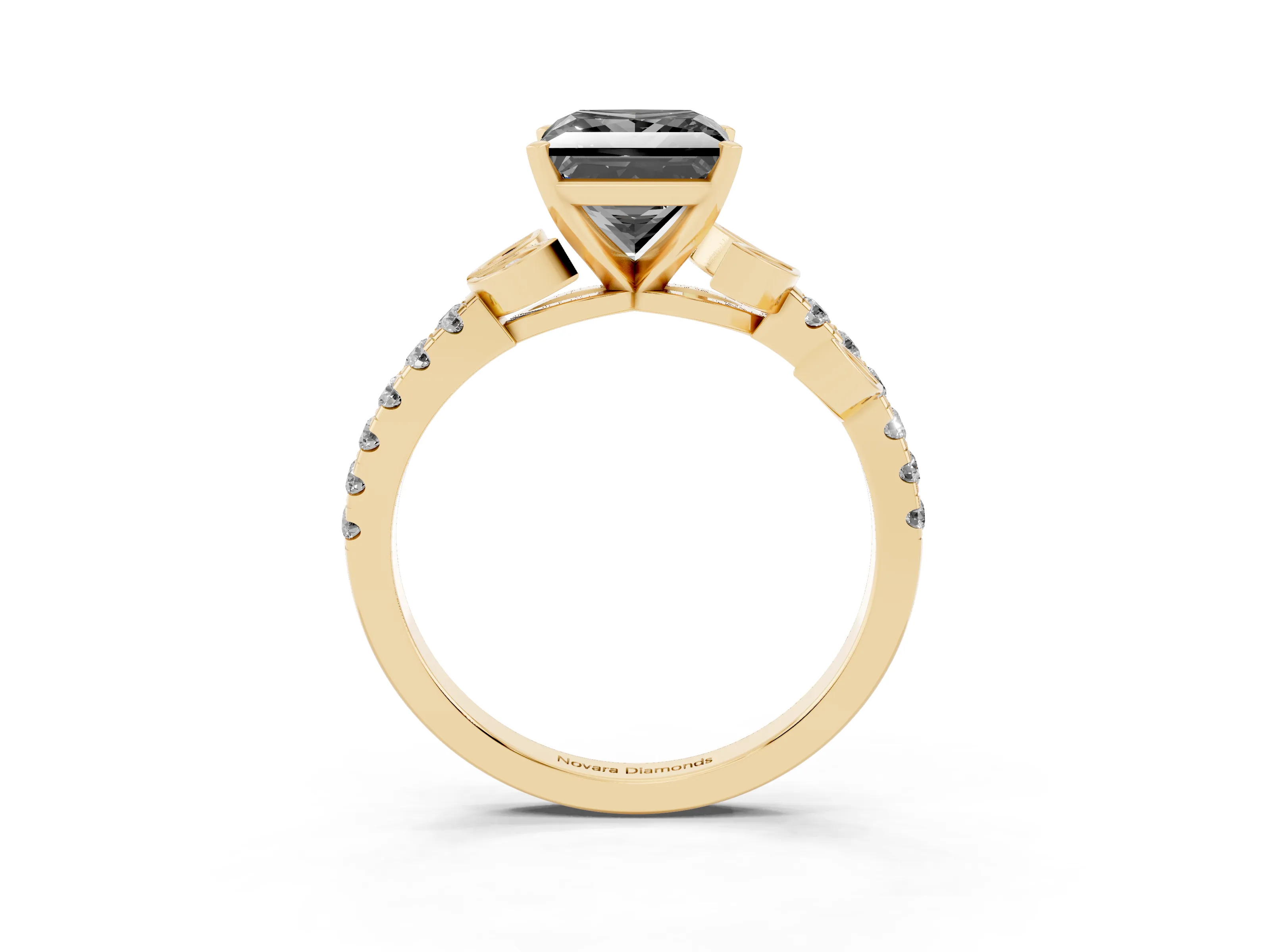 Fancy Black Princess Cut Diamond Solitaire Leaf-Inspired Ring Set in Yellow gold with Pavé Band and Prong Setting