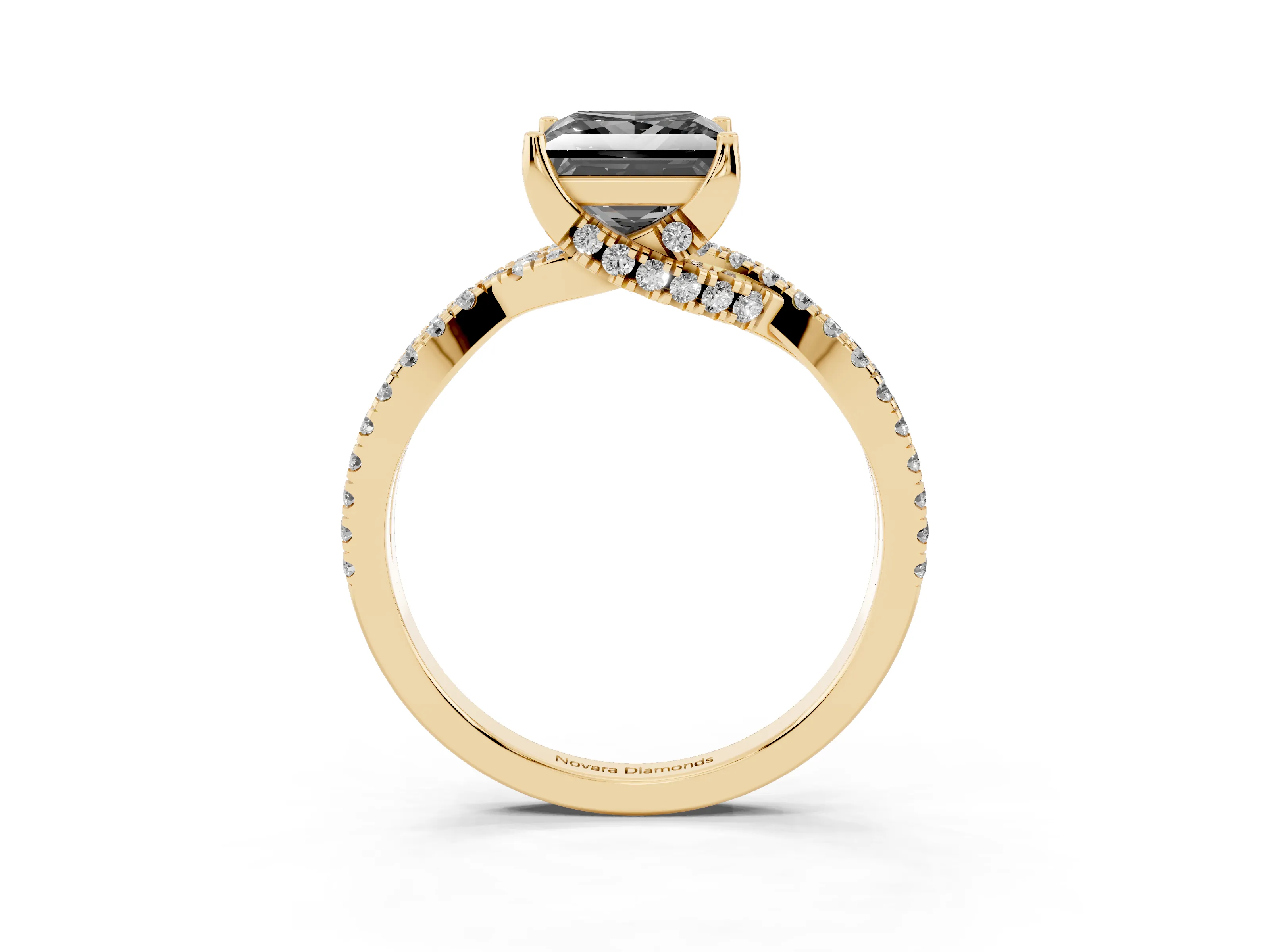 Fancy Black Princess Cut Diamond Twist Pavé Solitaire Engagement Ring Set in Yellow gold with Prong Setting