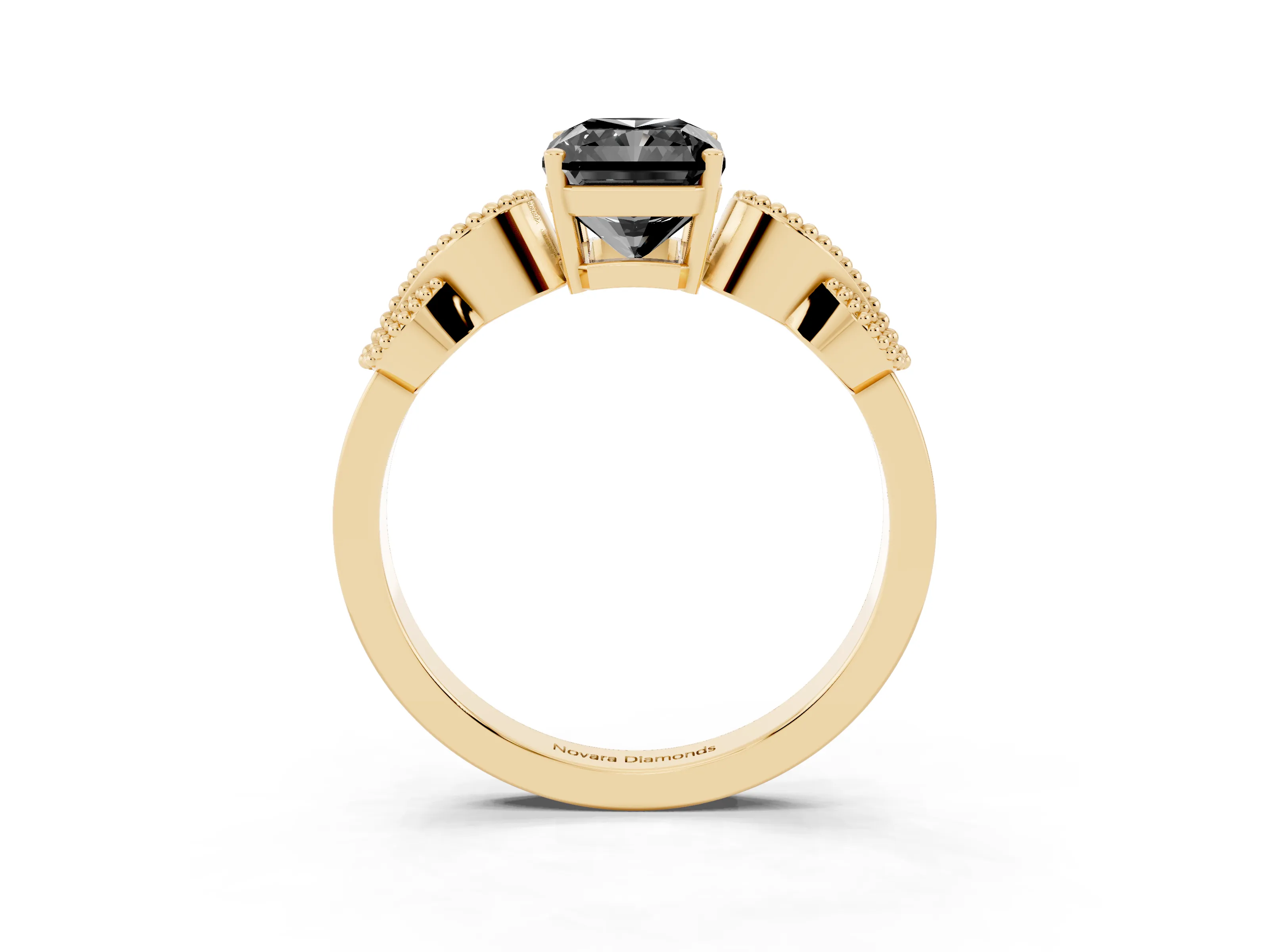 Fancy Black Princess Cut Diamond Milgrain Leaf Band Solitaire Ring Set in Yellow gold with Accent Stones and Prong Setting